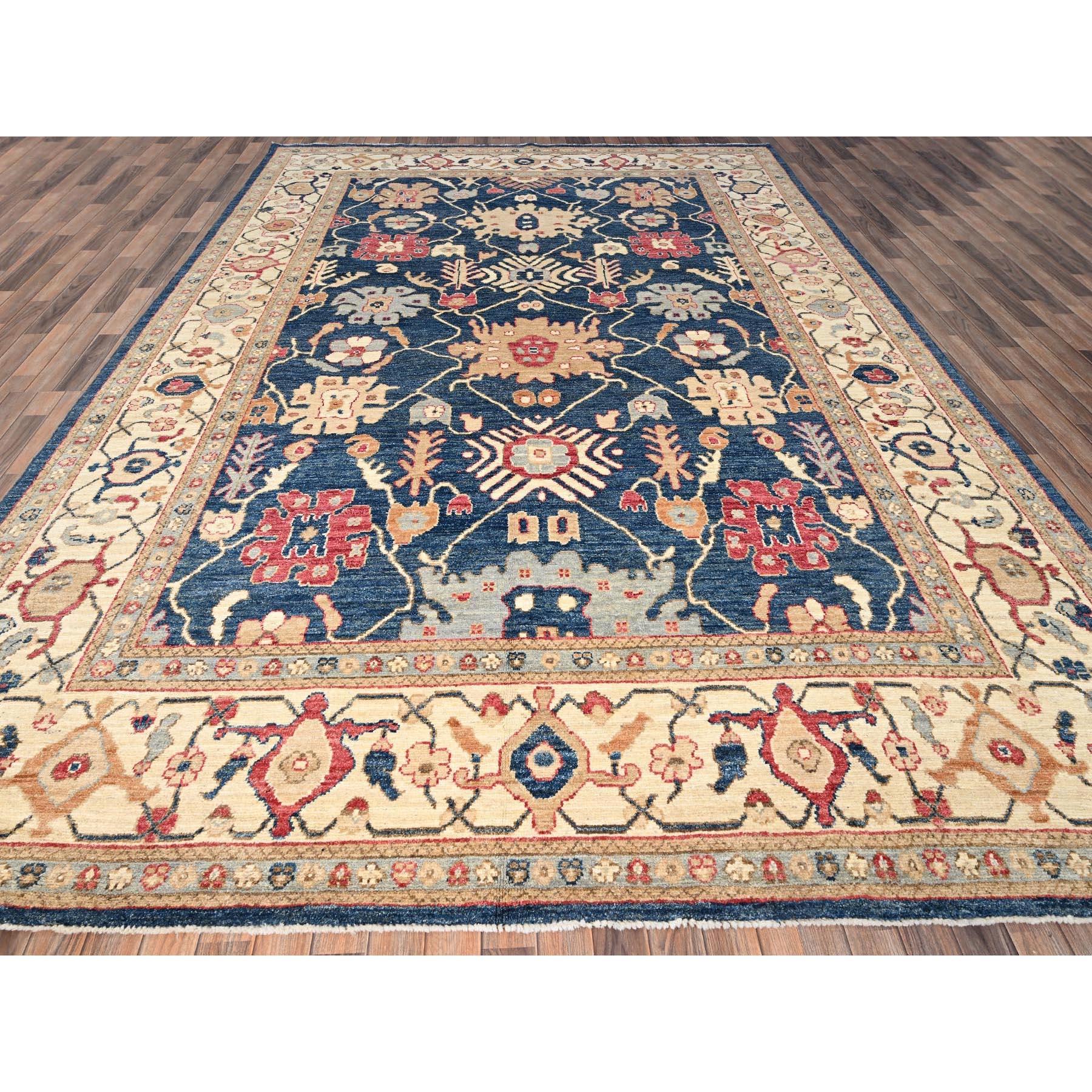 Yale Blue, Afghan Oushak with Colorful Leaf Design, Supple Collection, Soft and Lush Pile, Shiny Wool, Densely Woven, Hand Knotted, Oriental Rug
Primary materials: Wool
Latex: No Pile 
height: 0.25 Inches
Style: Traditional
Primary color: