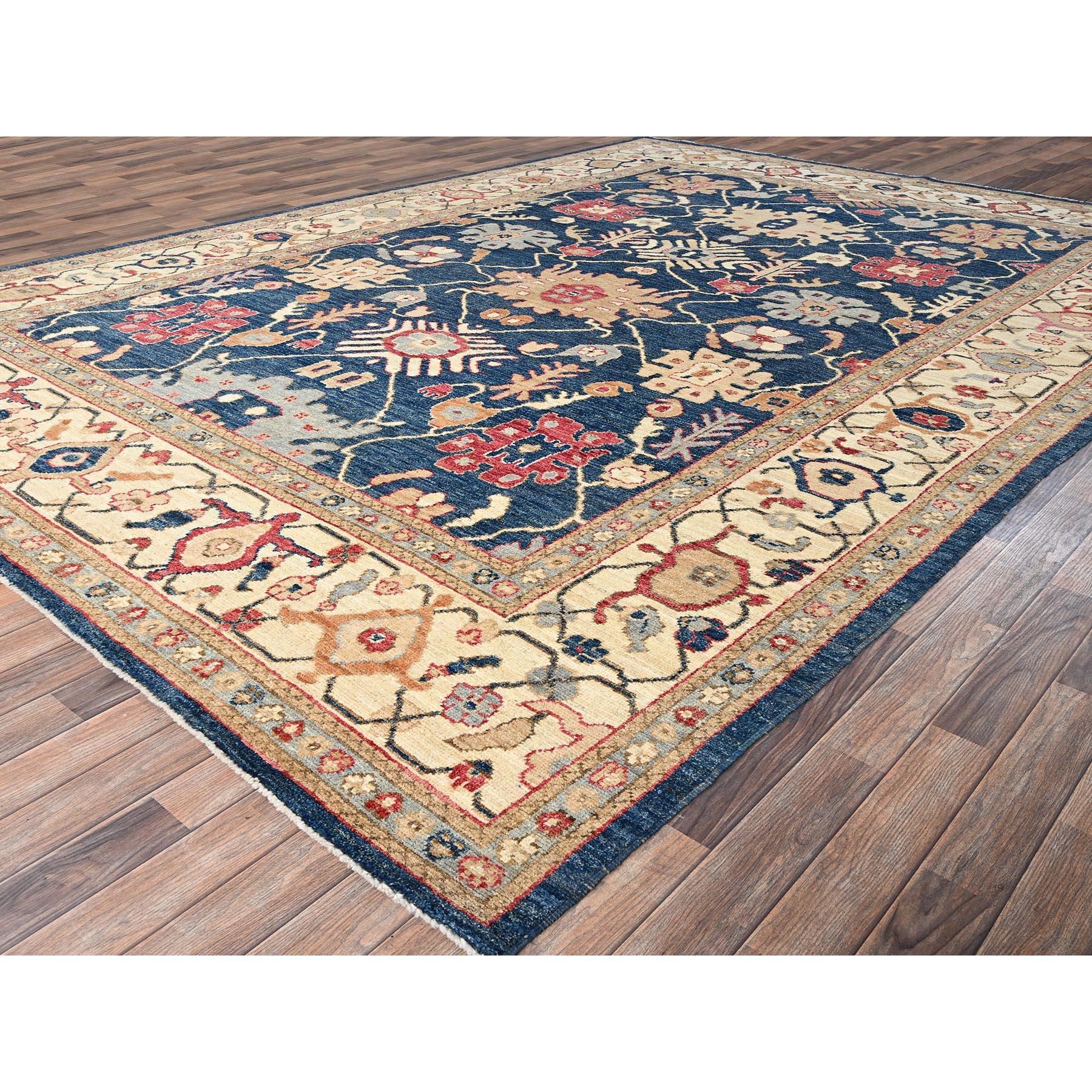 Hand-Knotted 10'x14' Blue Afghan Oushak with Colorful Leaf Design Hand Knotted All Wool Rug For Sale