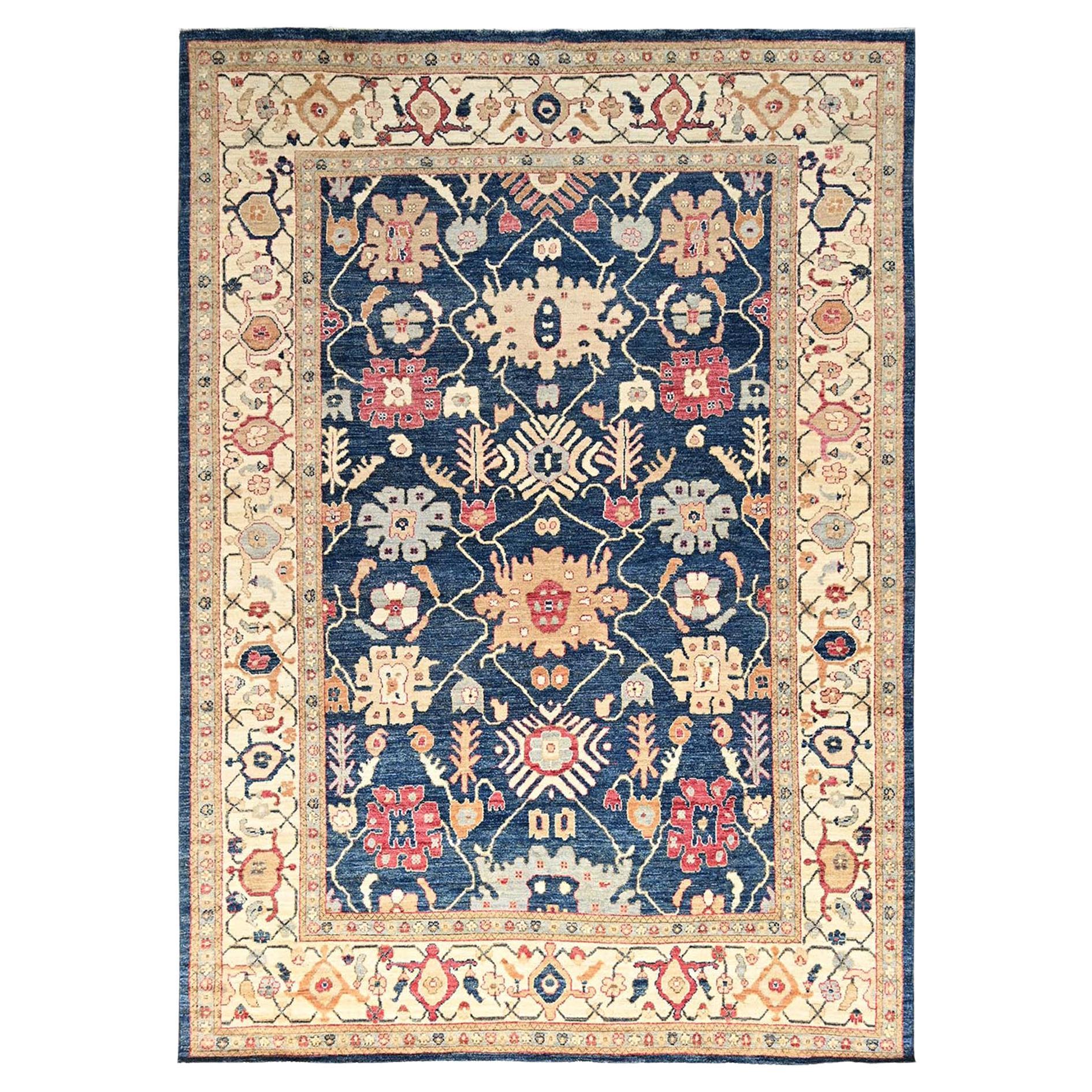 10
x14
 Blue Afghan Oushak with Colorful Leaf Design Hand Knotted All Wool Rug For Sale