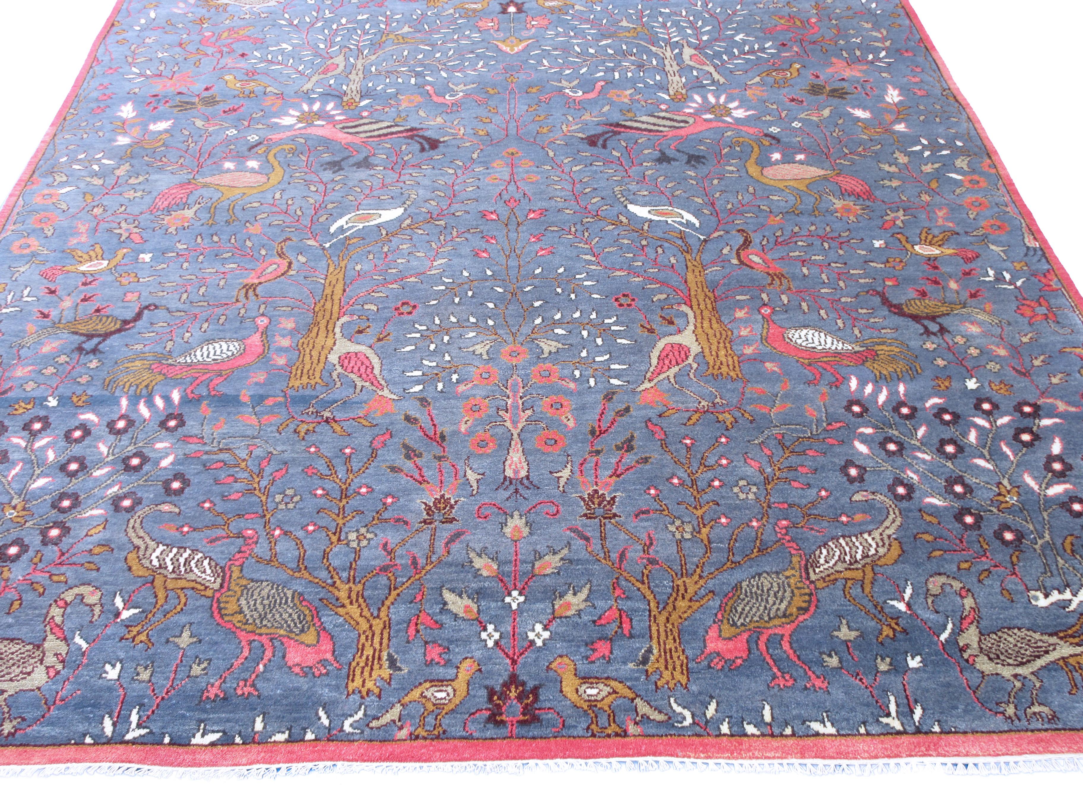Hand-Knotted Blue Bird Design Rug For Sale