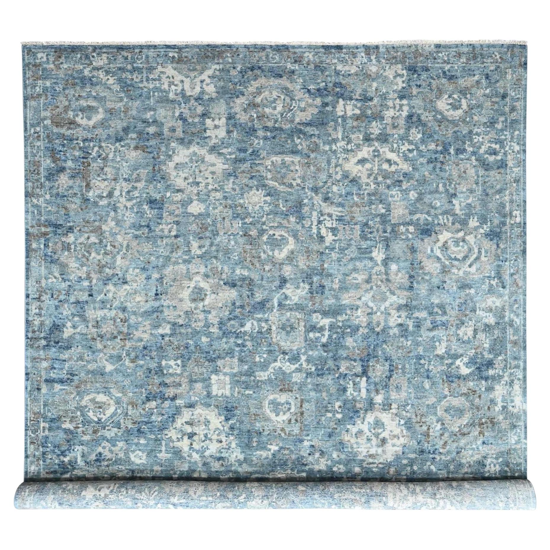 10'x14' Blue Broken and Erased Zoroastrian Design Hand Knotted Wool Oriental Rug For Sale