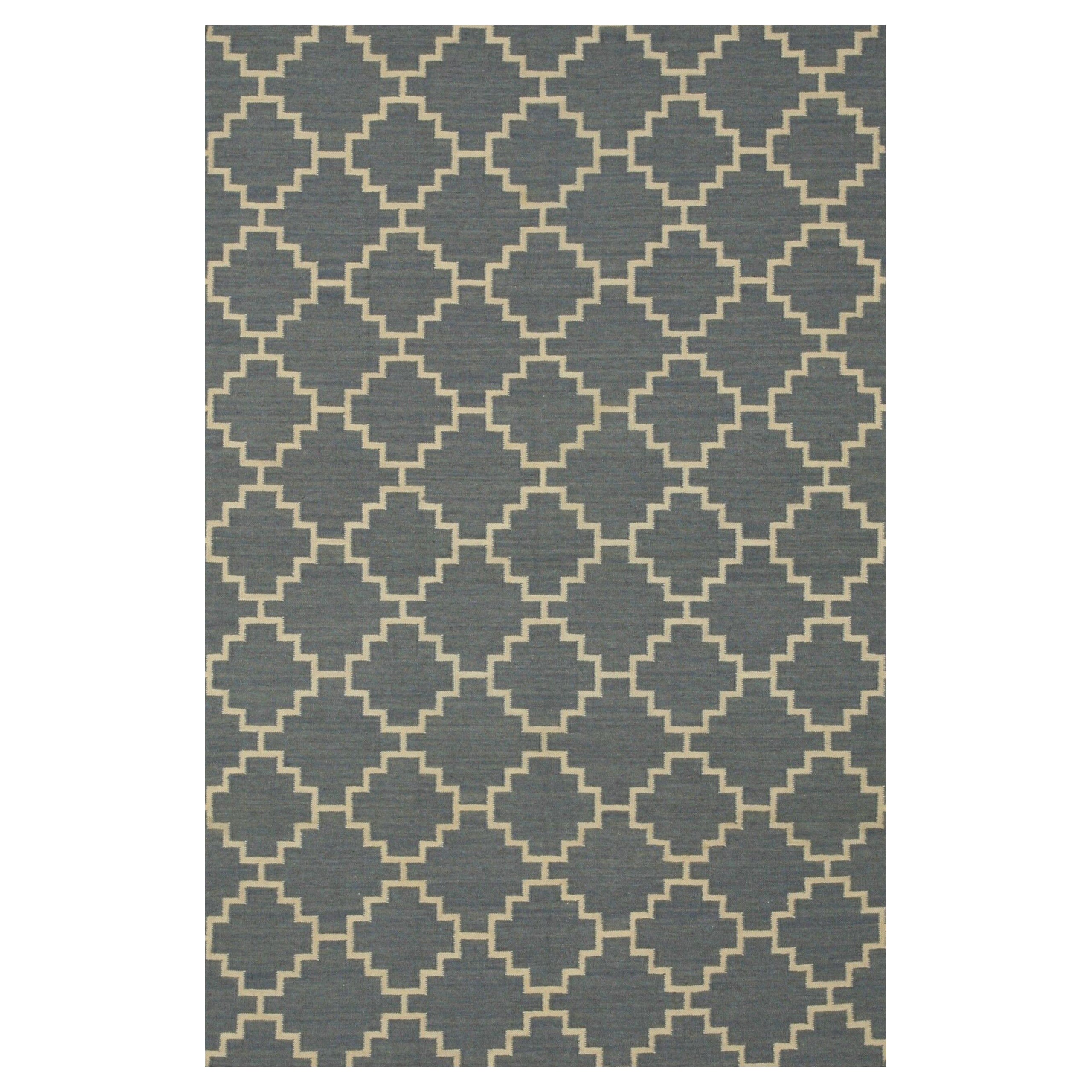 10x14 Blue Flat Weave Wool Stepped Diamond Lattice Geometric Modern Carpet Rug