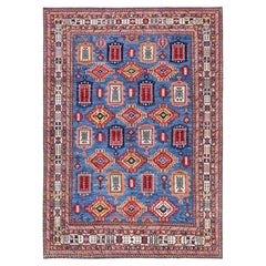 10'x14' blauer, handgeknüpfter Ersari-Teppich mit türkischem Knoten aus Wolle