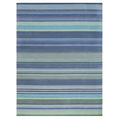 10x14 Blue Hand-Knotted Wool Striated Bands Geometric Modern Carpet Rug