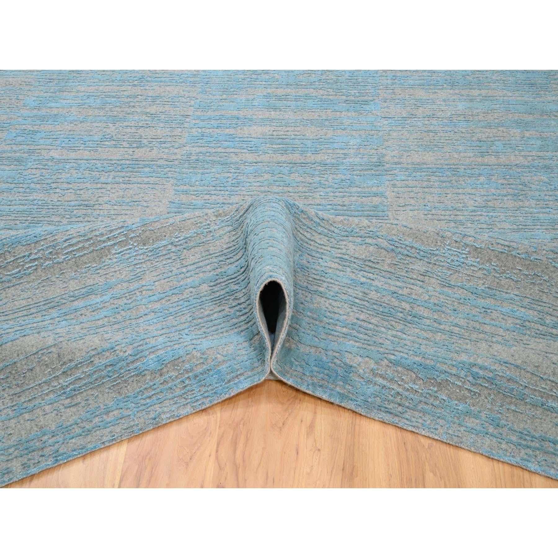 10'x14' Blauer Jacquard-Teppich aus handgewebter moderner Bio-Wolle Orientteppich (Handgeknüpft) im Angebot