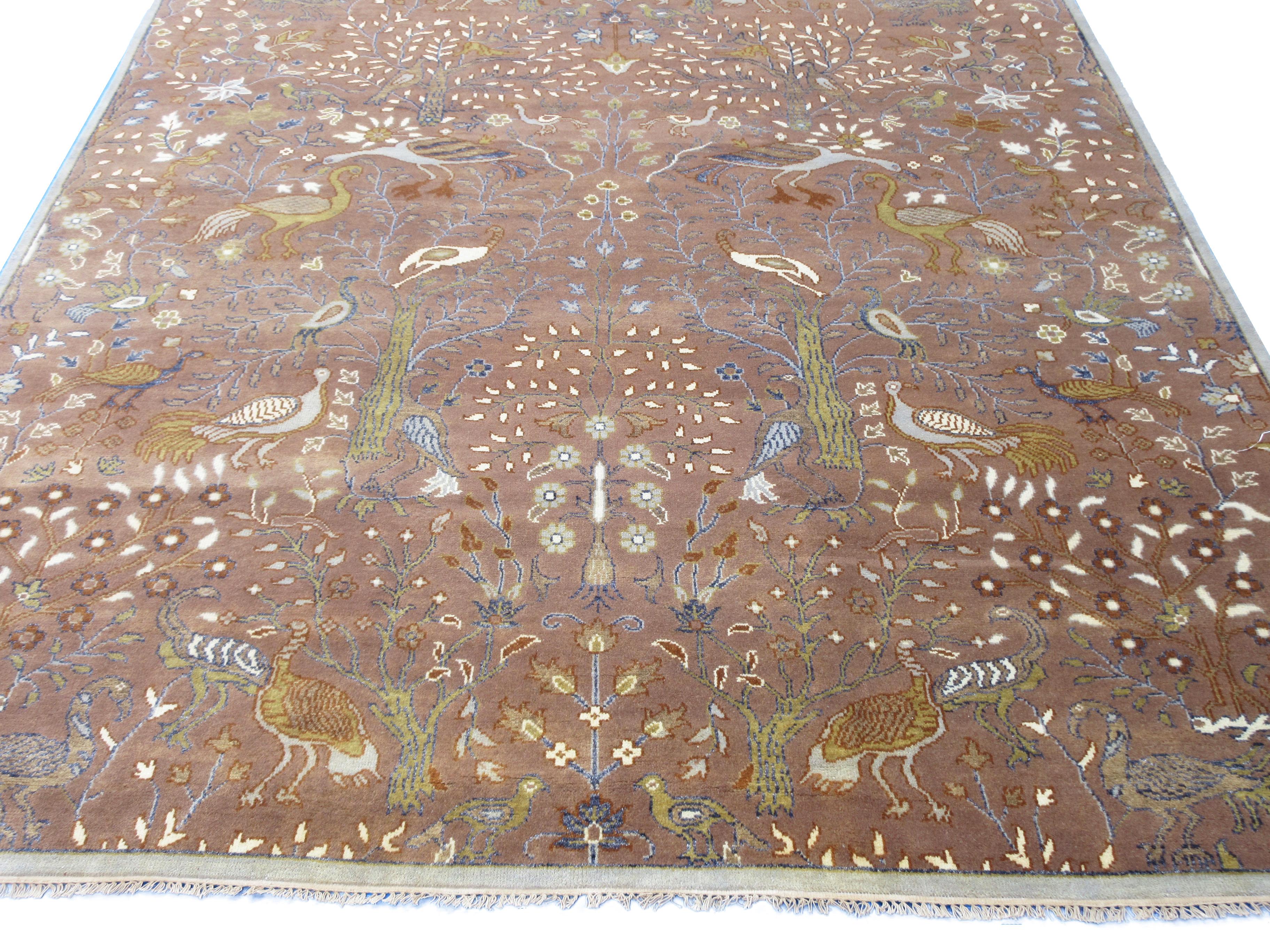 Hand-Knotted Brown Birds Design Rug For Sale