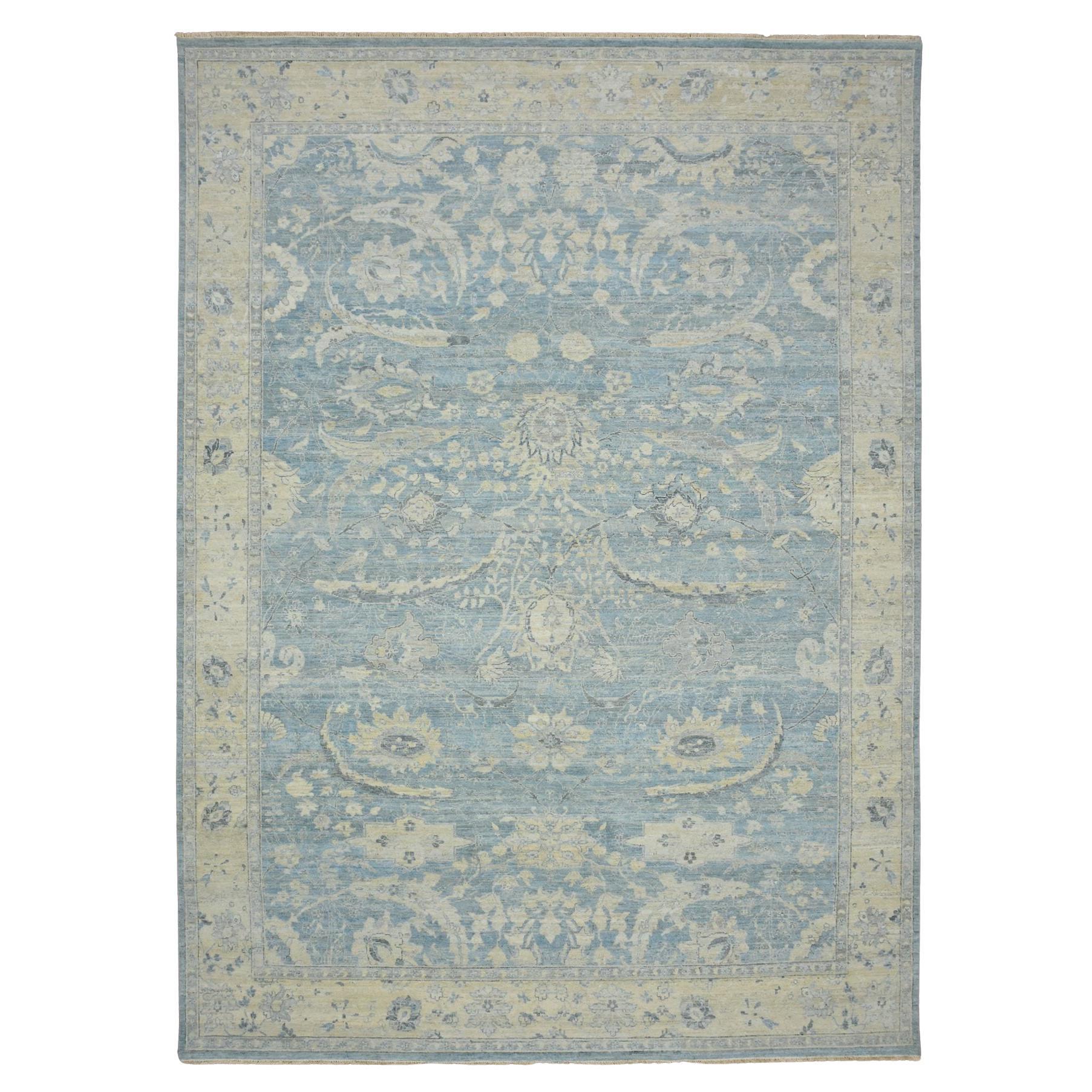 10
x14
 Carolina Blue Hand Knotted Sickle Leaf Design Zero Pile Pure Wool Rug