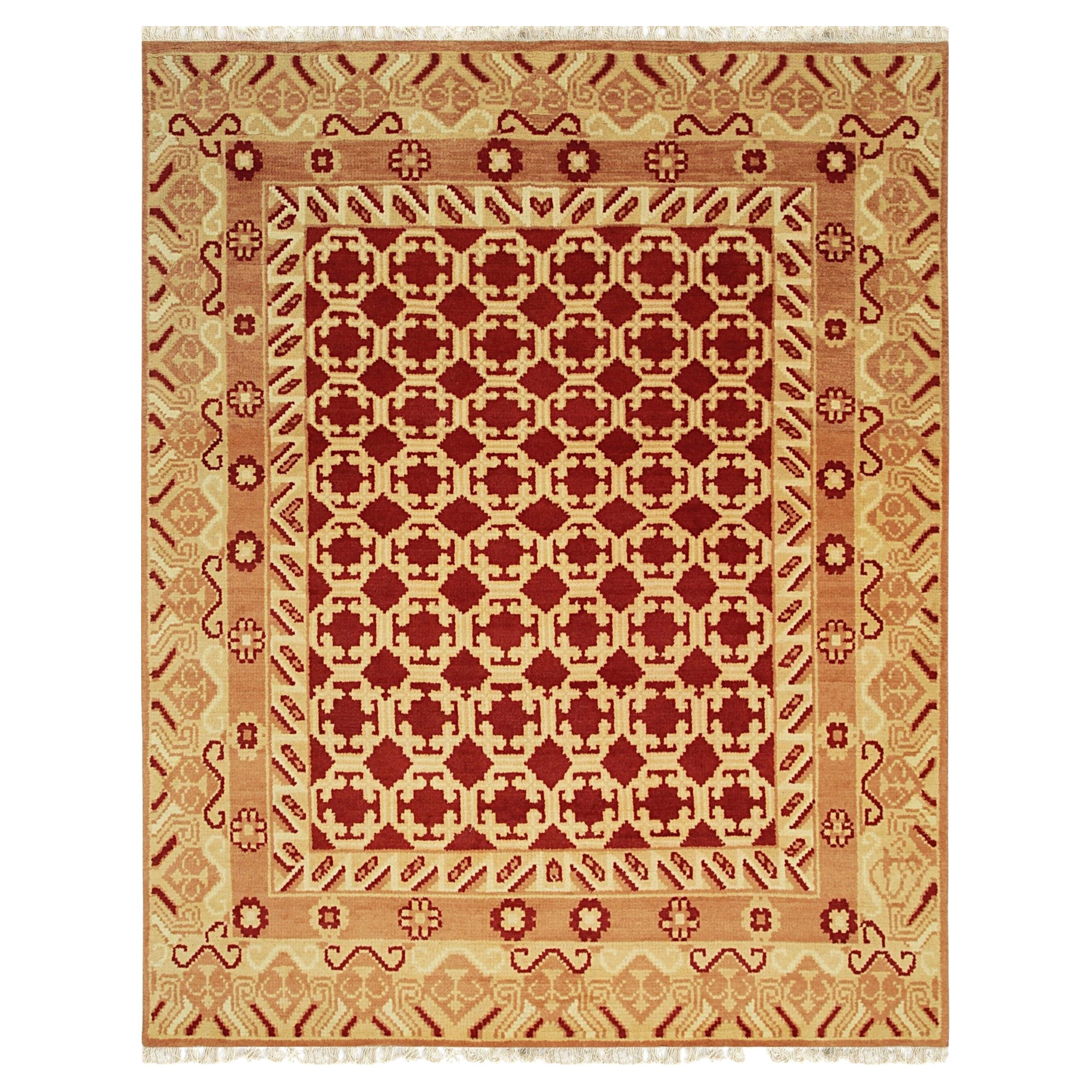 10x14 Coral Hand-Knotted Wool Linked Rosettes Geometric Modern Carpet Rug For Sale