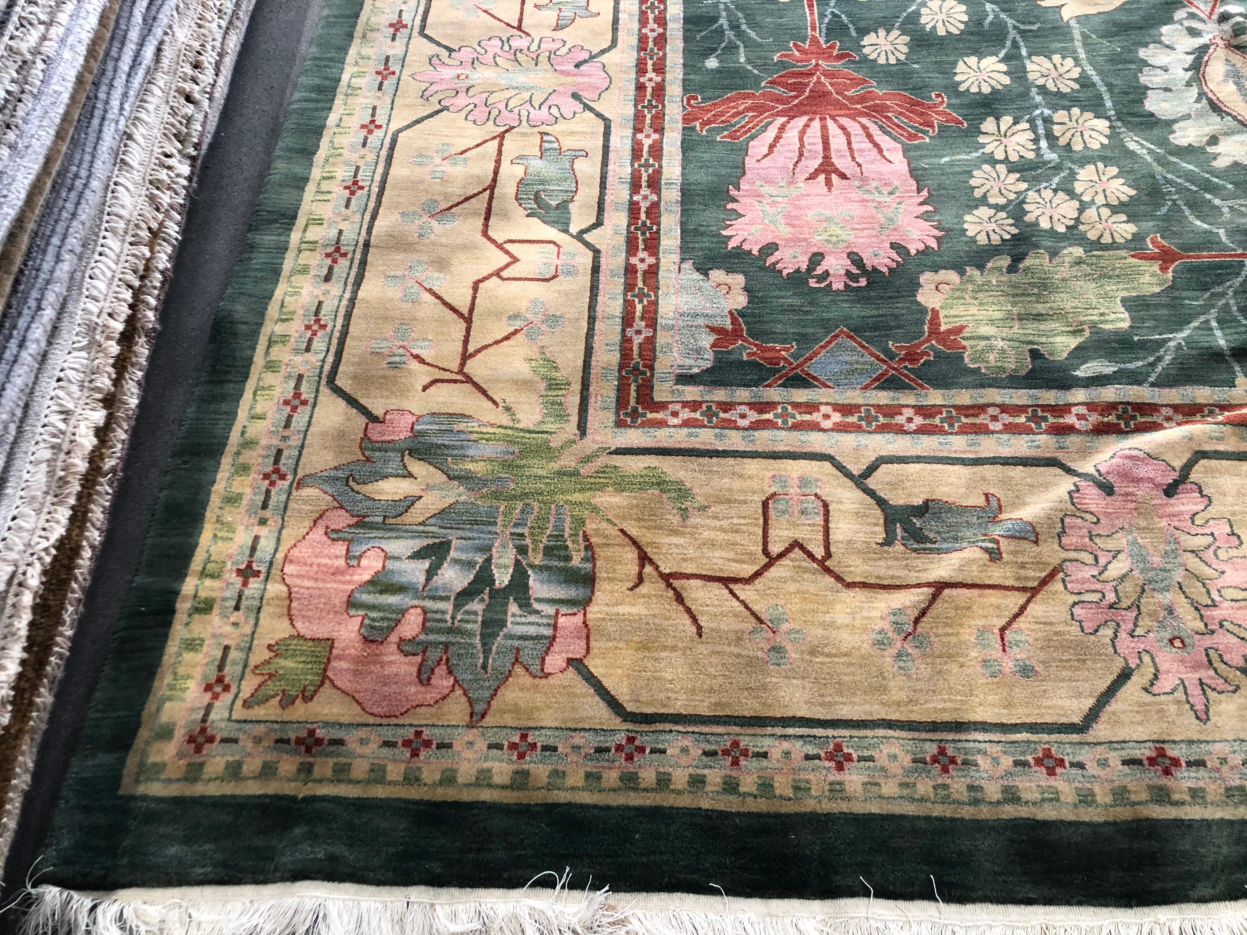 Indian 10'x14' Forest Green Art Deco Inspired Rug For Sale