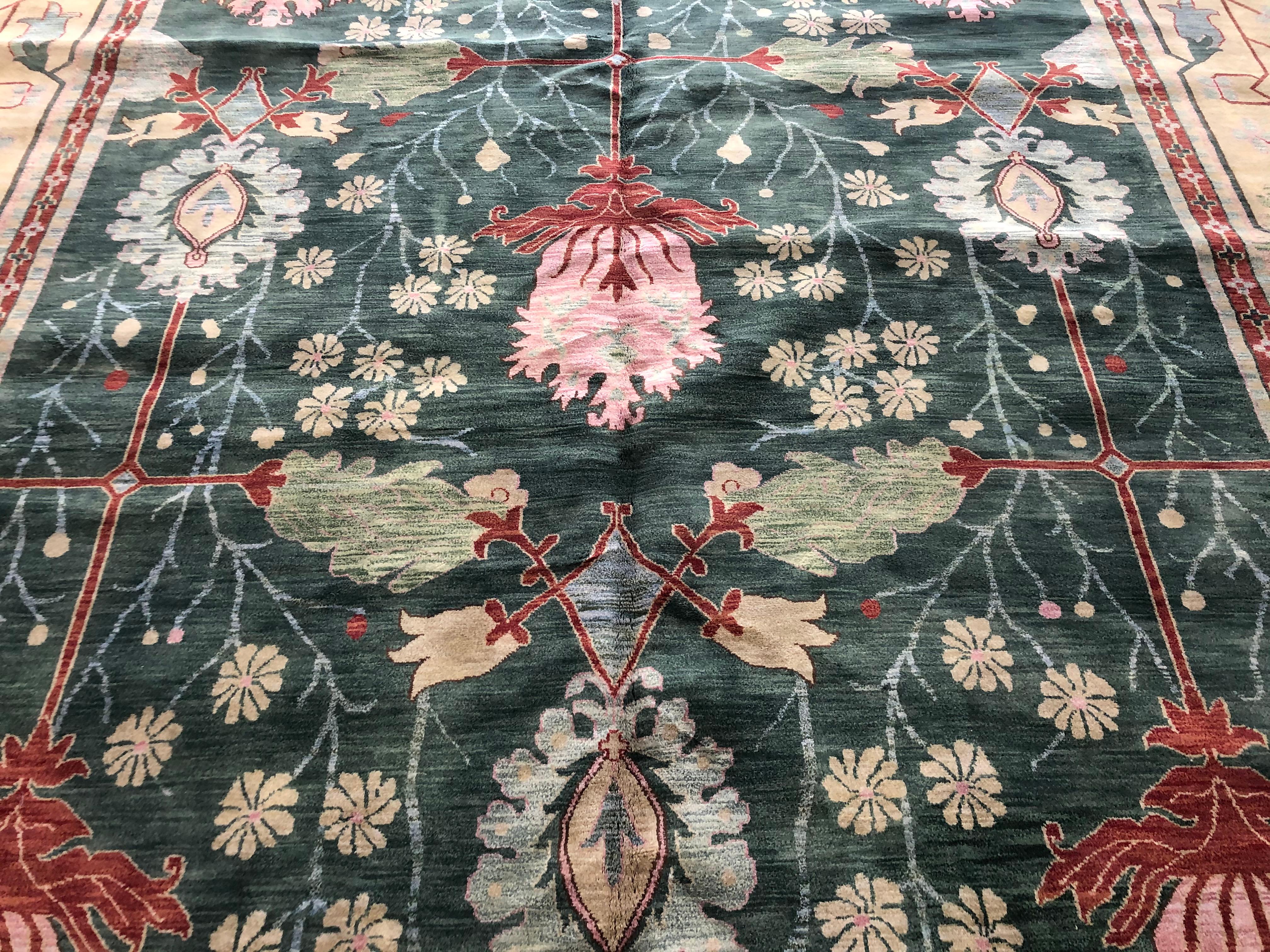 Hand-Knotted 10'x14' Forest Green Art Deco Inspired Rug For Sale