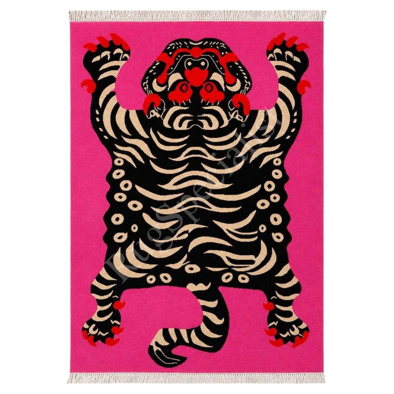 10x14 ft Contemporary Hand-Knotted 100% Wool Tiger Area Rug in Pink
