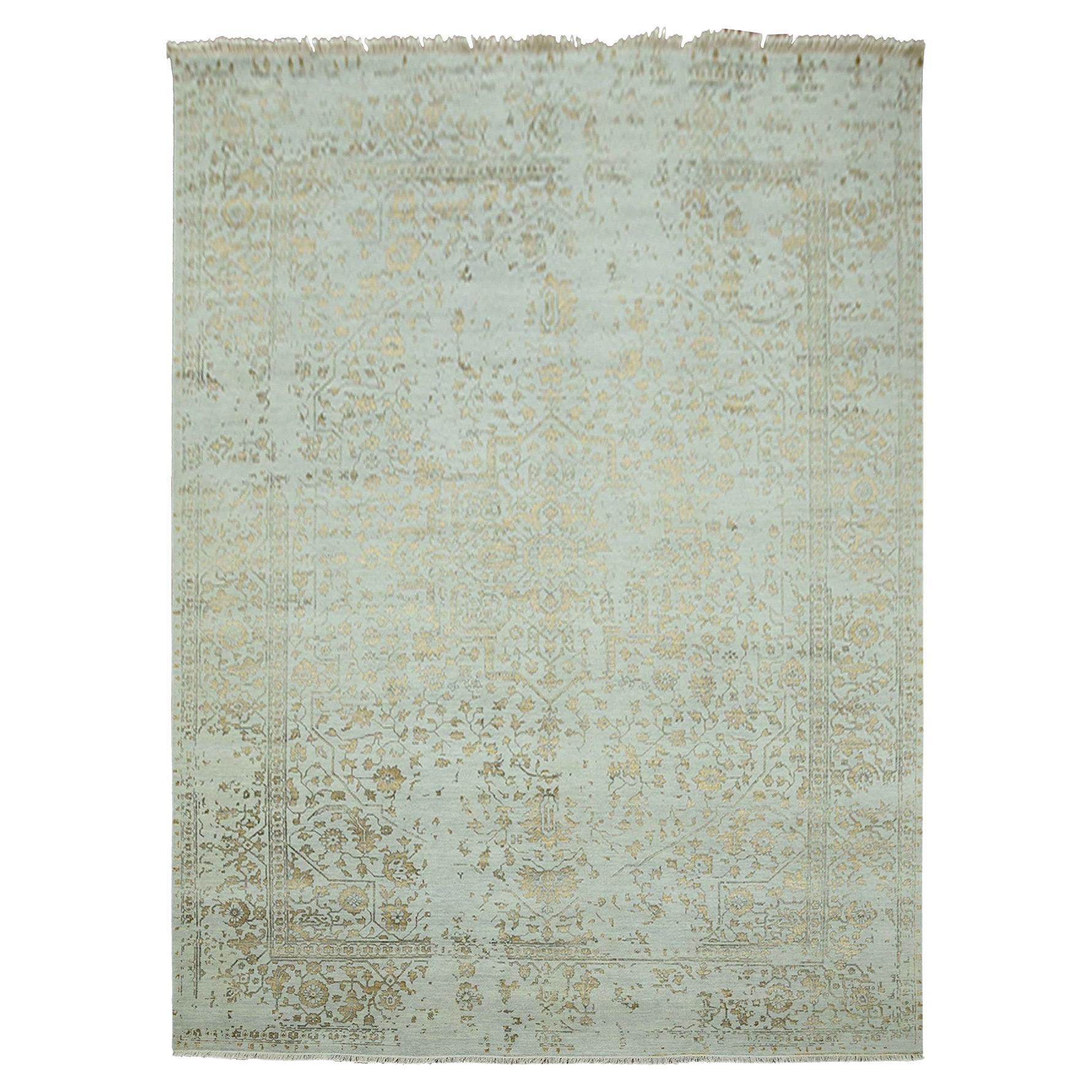 10
x14
Grauer handgeknüpfter gebrochener persischer gelöschter Heriz Design Woll- und Seidenteppich