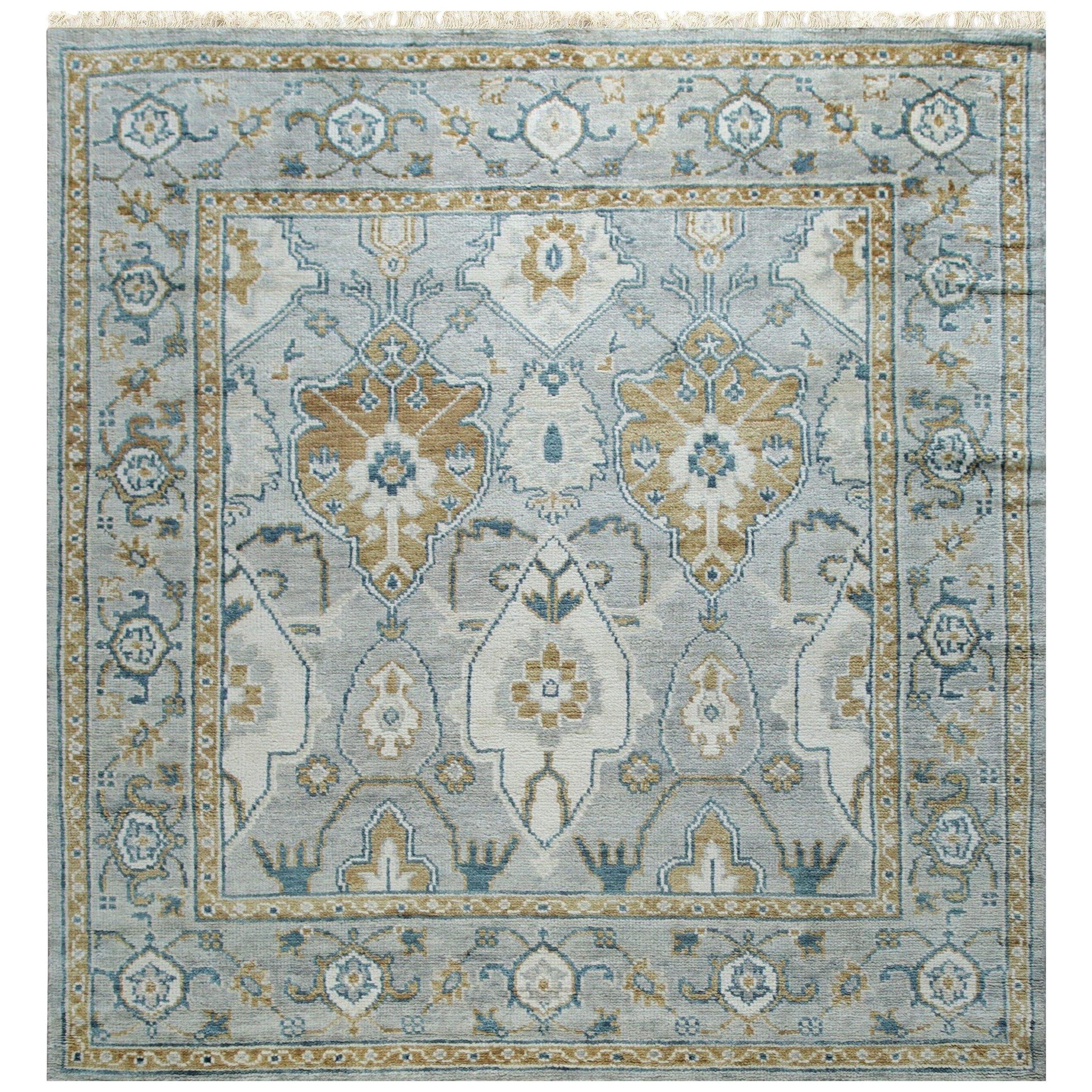10x14 Gray Hand-Knotted Wool Framed Rosettes Geometric Modern Carpet Rug For Sale