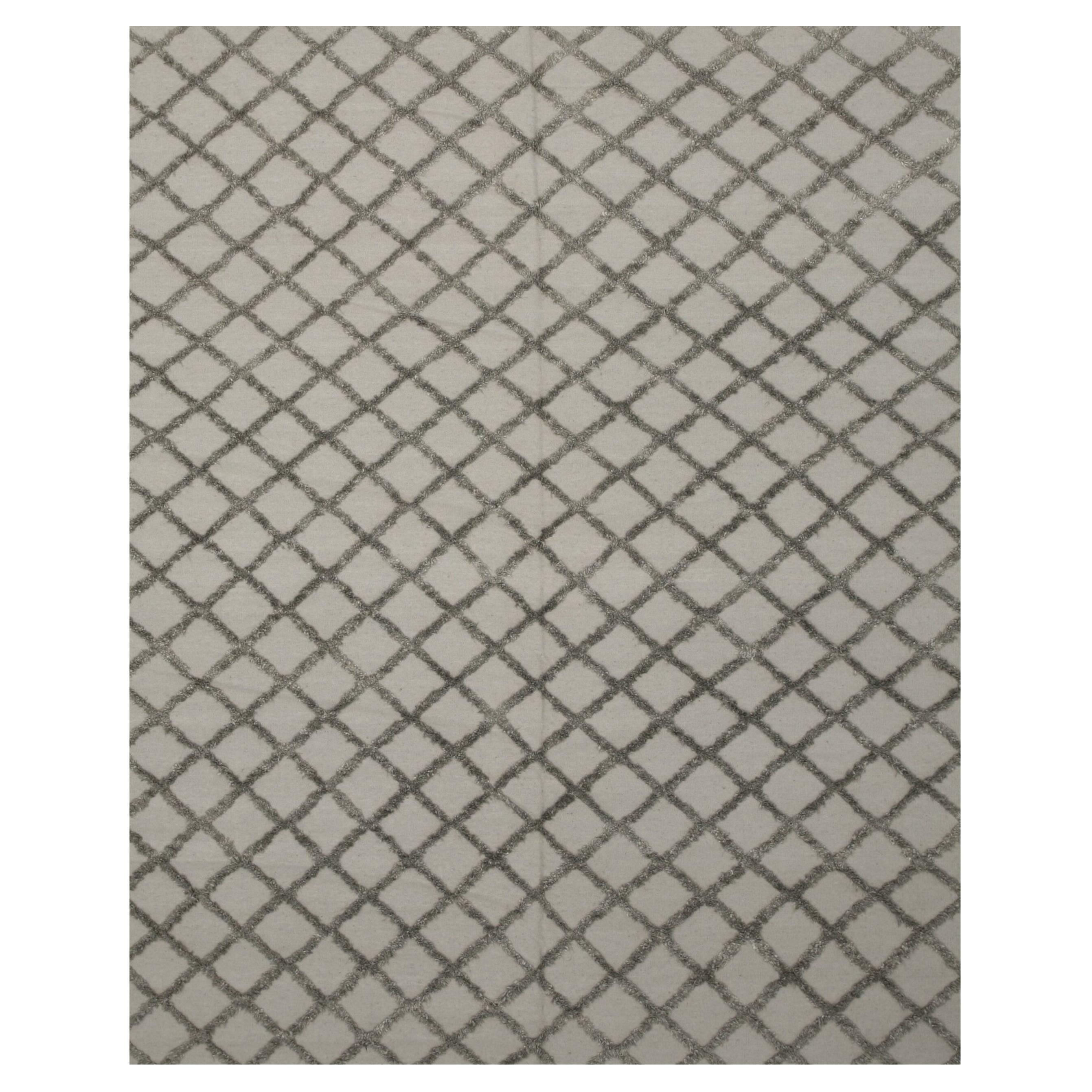 10x14 Gray Hand-Knotted Wool Viscose Diamond Lattice Modernist Design Carpet Rug For Sale