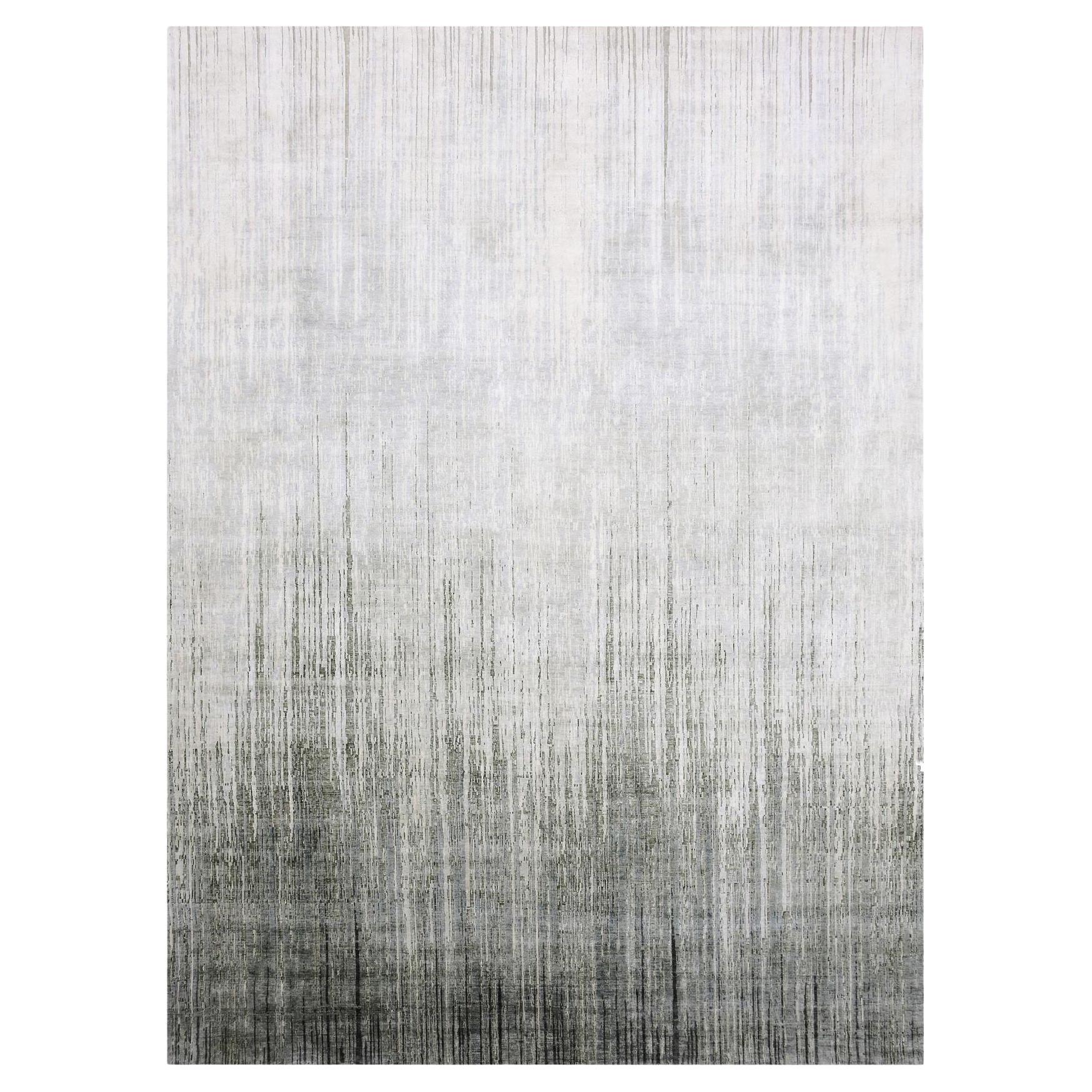 10'x14' Gray Vertical Ombre Design Pure Silk with Wool Hand Knotted Oriental Rug