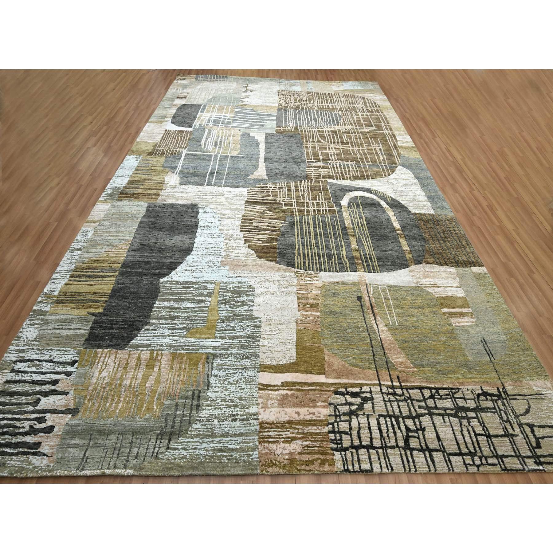 Granite Gray with Brown, Hand Knotted, Persian Knot, Abstract Geometric Pattern, 100% Wool, Densely Woven, Oriental Rug
Primary materials: Wool
Latex: No Pile 
height: 0.25 Inches
Style: Contemporary
Primary color: Grey
Secondary colors: Light Blue,