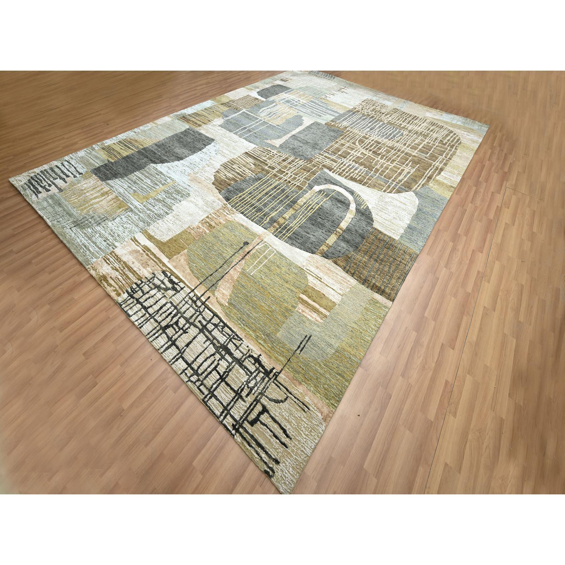 Modern 10'x14' Gray with Brown Hand Knotted Persian Knot Abstract Design All Wool Rug For Sale