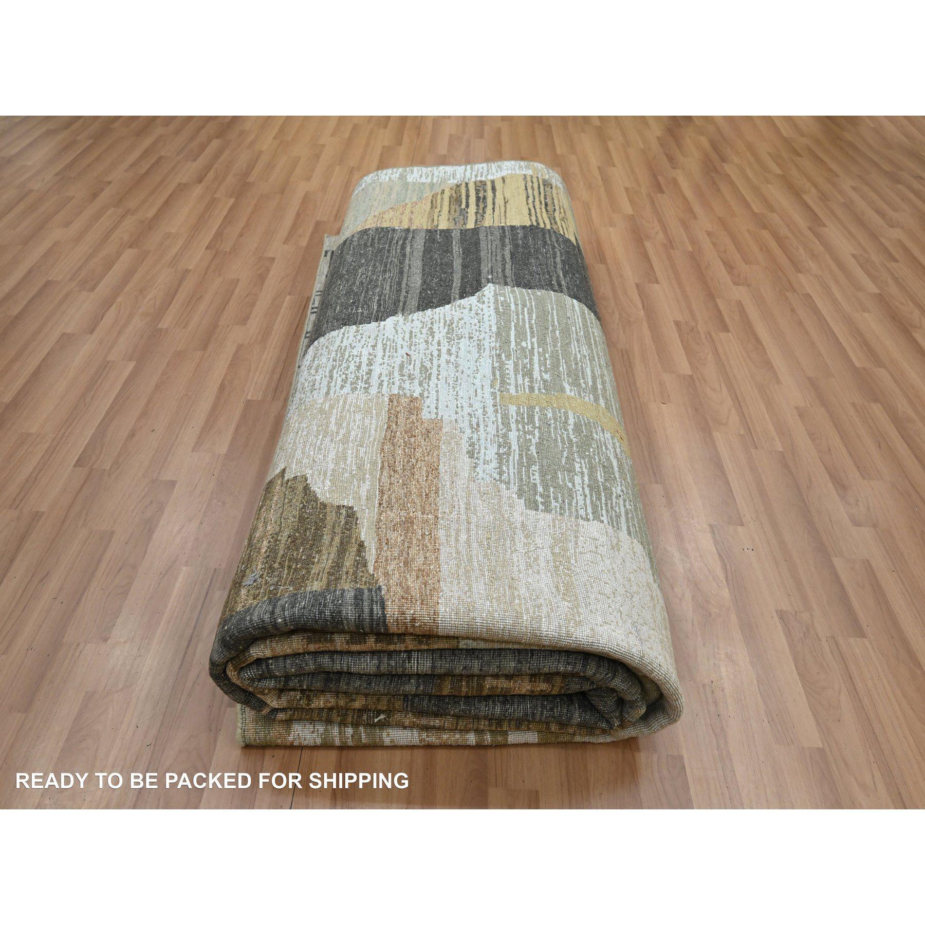 10'x14' Gray with Brown Hand Knotted Persian Knot Abstract Design All Wool Rug For Sale 2