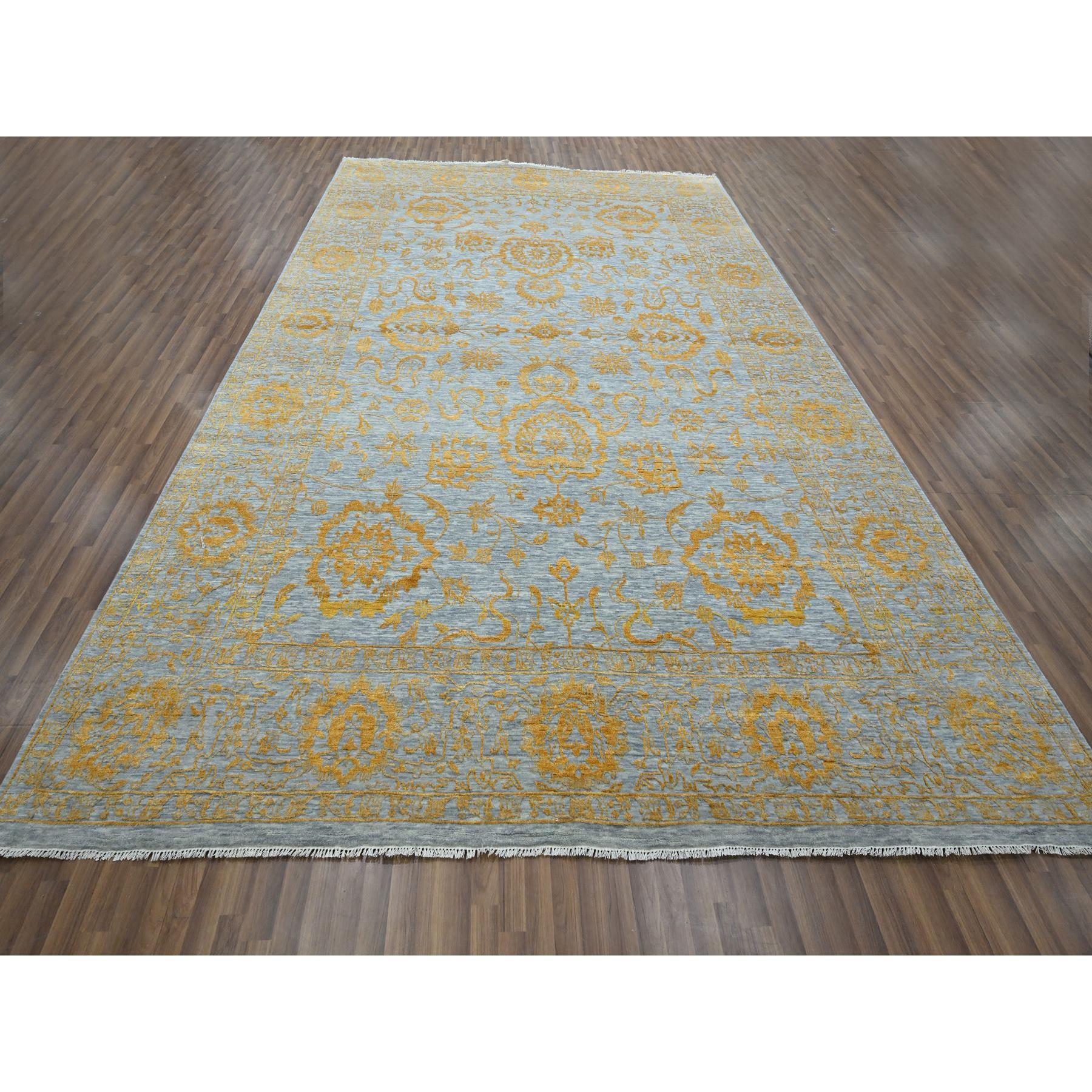 Misty Gray with Gold, Tone on Tone, Persian Influence Design, Hand Knotted, Wool & Silk, Oriental Rug
Primary materials: Wool & Silk
Latex: No Pile 
height: 0.25 Inches
Style: Transitional
Primary color: Yellow
Secondary colors: Gray
Pattern: