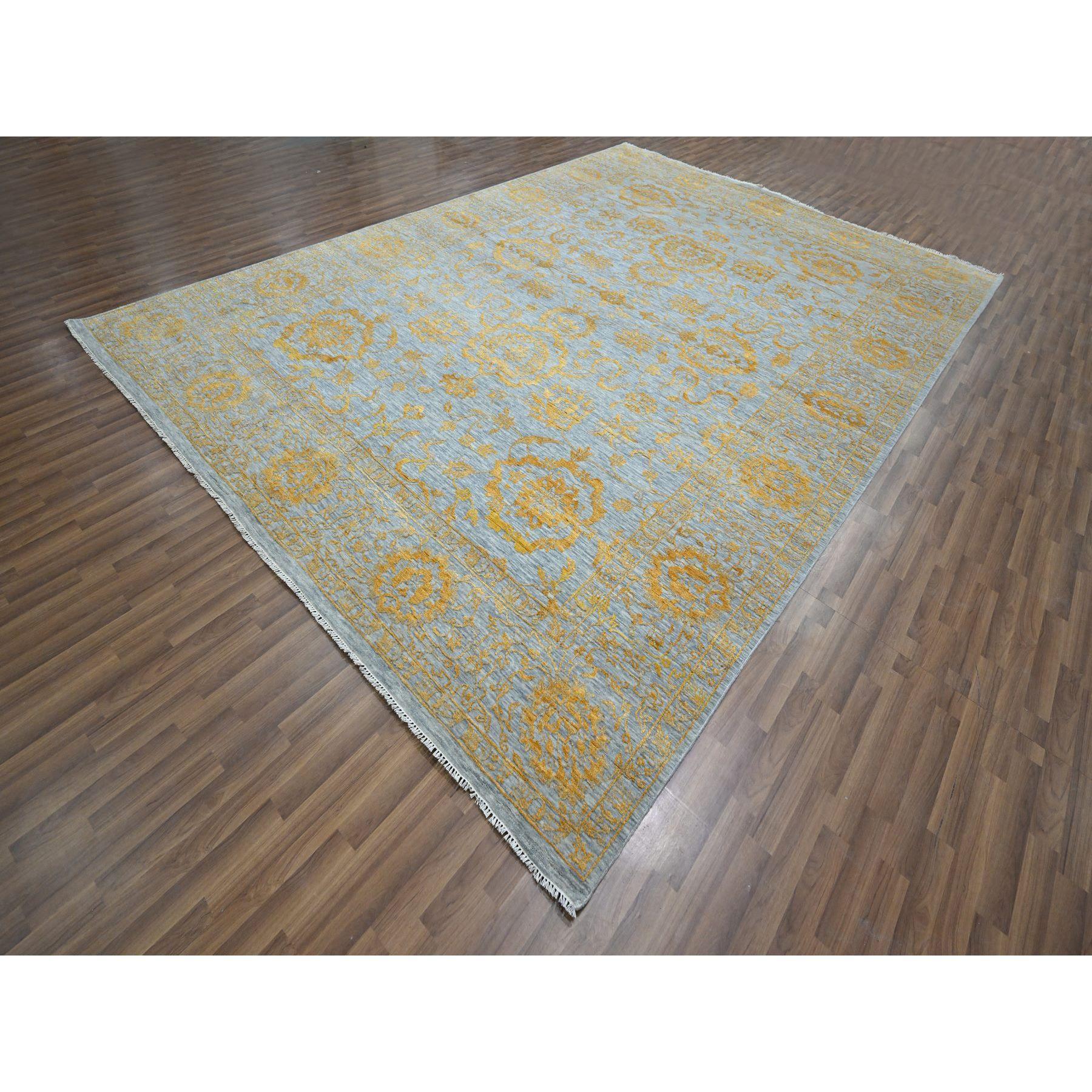 Medieval 10'x14' Gray with Gold Persian Influence Design Hand Knotted Wool & Silk Rug For Sale