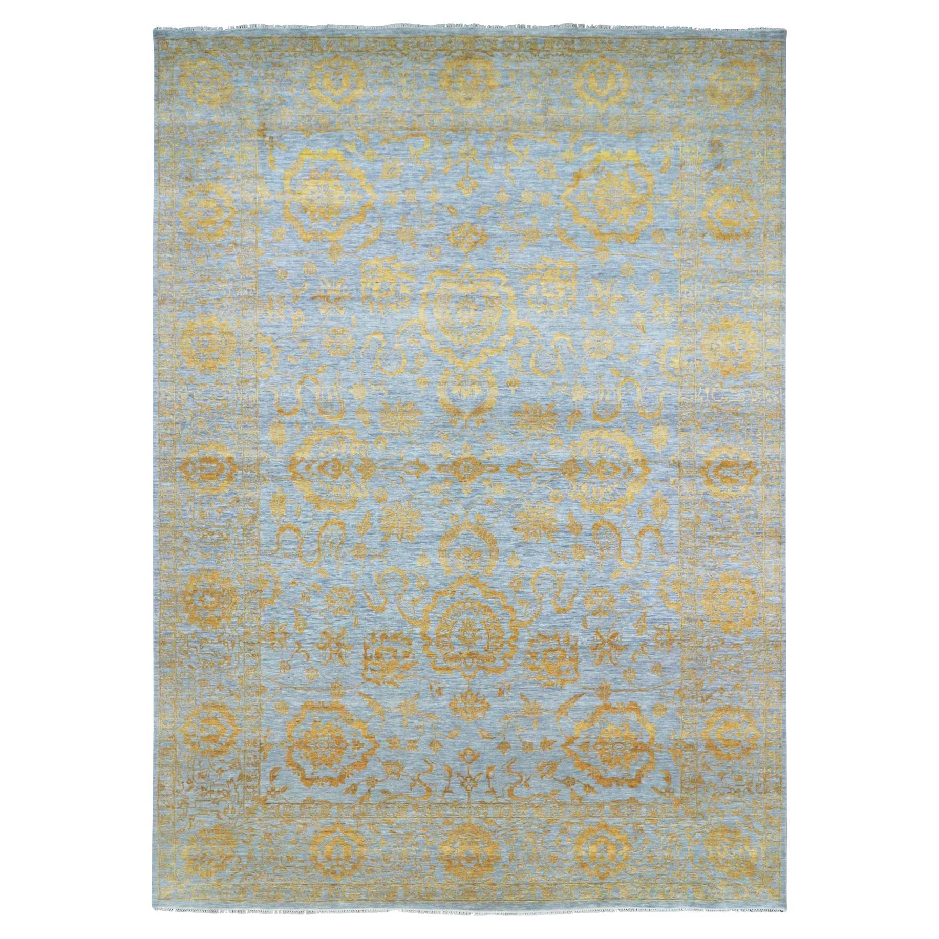 10'x14' Gray with Gold Persian Influence Design Hand Knotted Wool & Silk Rug