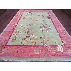10'x14' Green Chinese Art Deco Inspired Peshawar Hand Knotted Soft Wool Rug