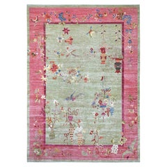 10'x14' Green Chinese Art Deco Inspired Peshawar Hand Knotted Soft Wool Rug