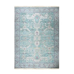 10x14 Green Hand-Knotted Silk Faded Turquoise Medallions Tribal Carpet Rug