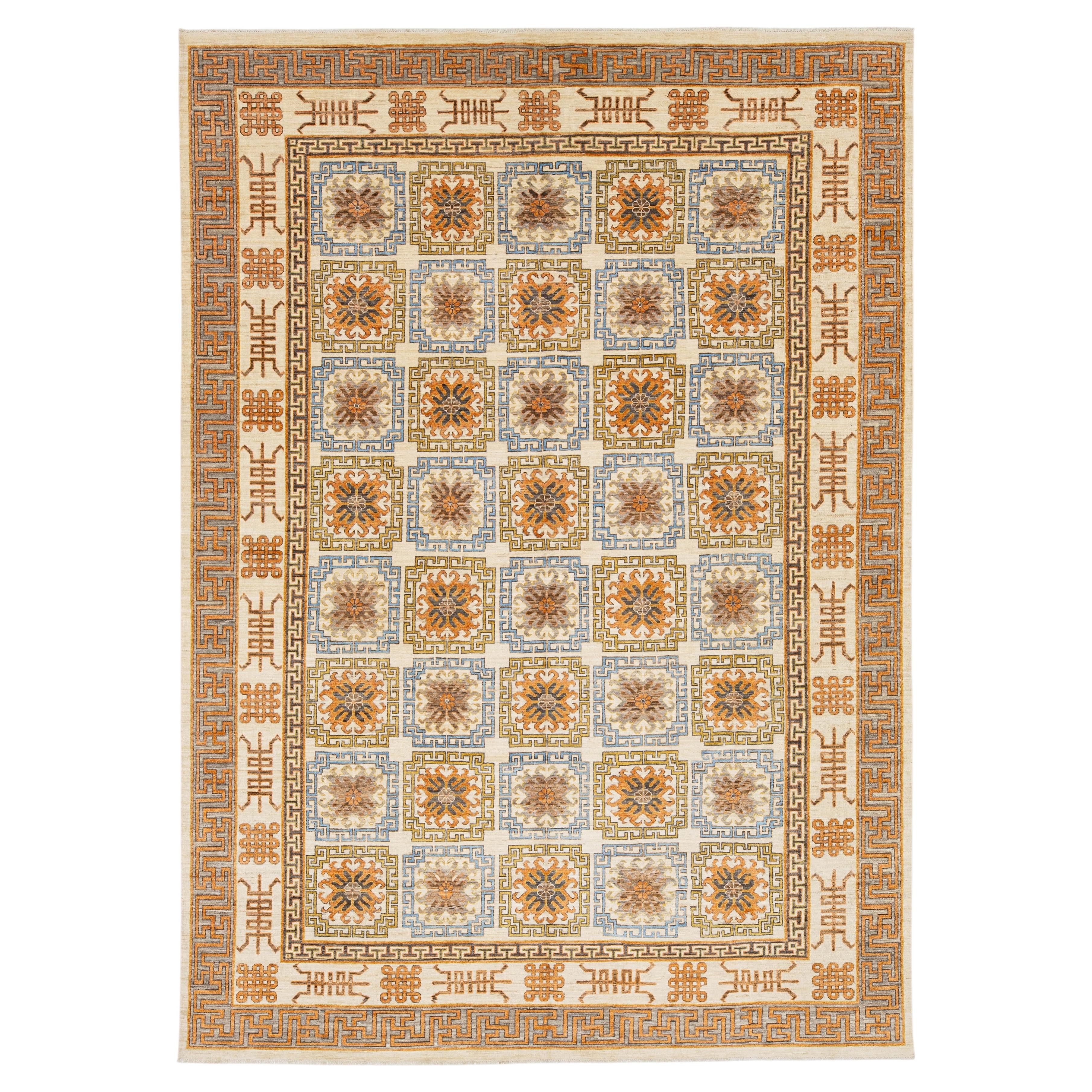 10x14 Hand-Knotted Modern Khotan Style Wool Area Rug – Geometric Earth Tones