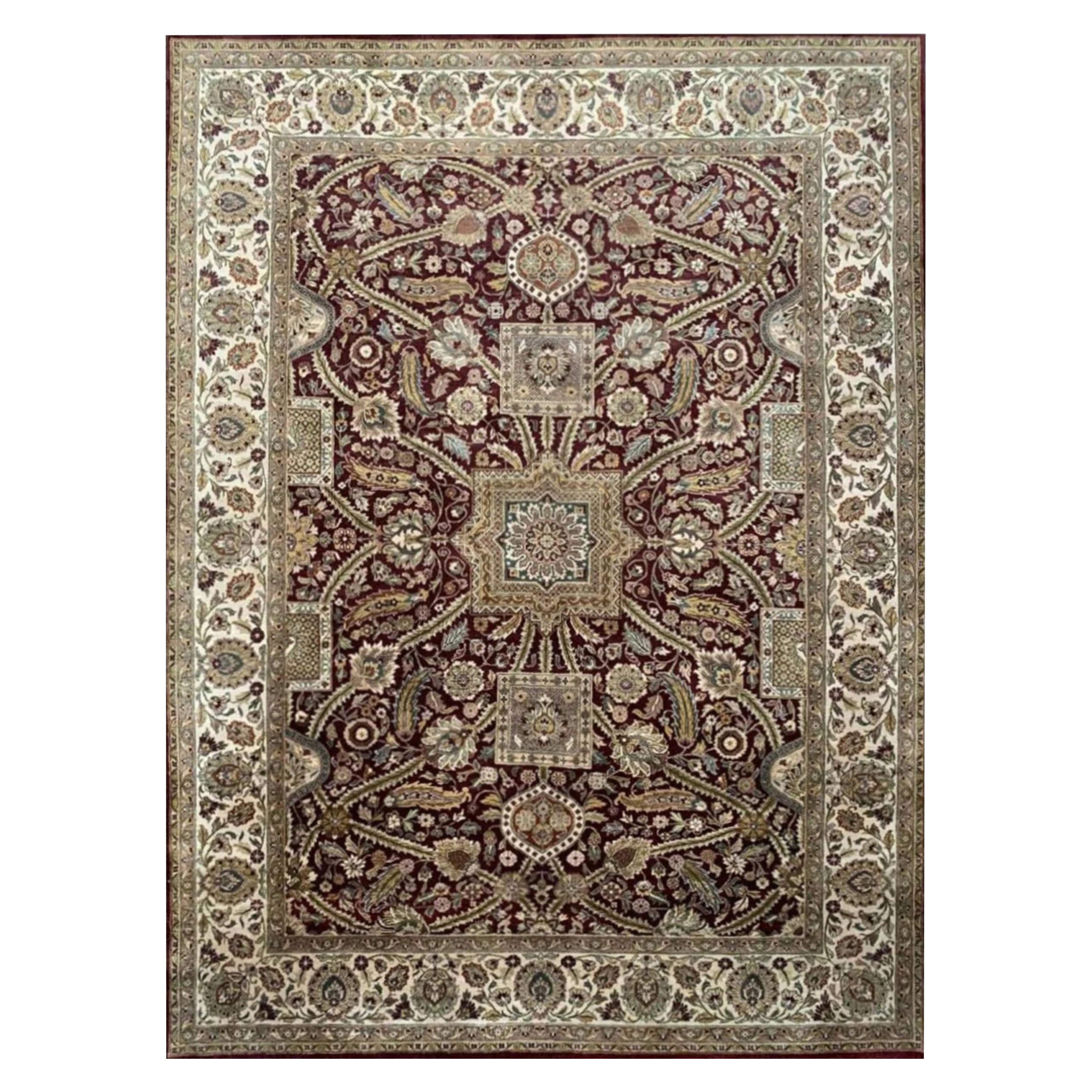 10x14 Handwoven Agra Indian Wool Rug with Intricate Floral and Geometric Motifs