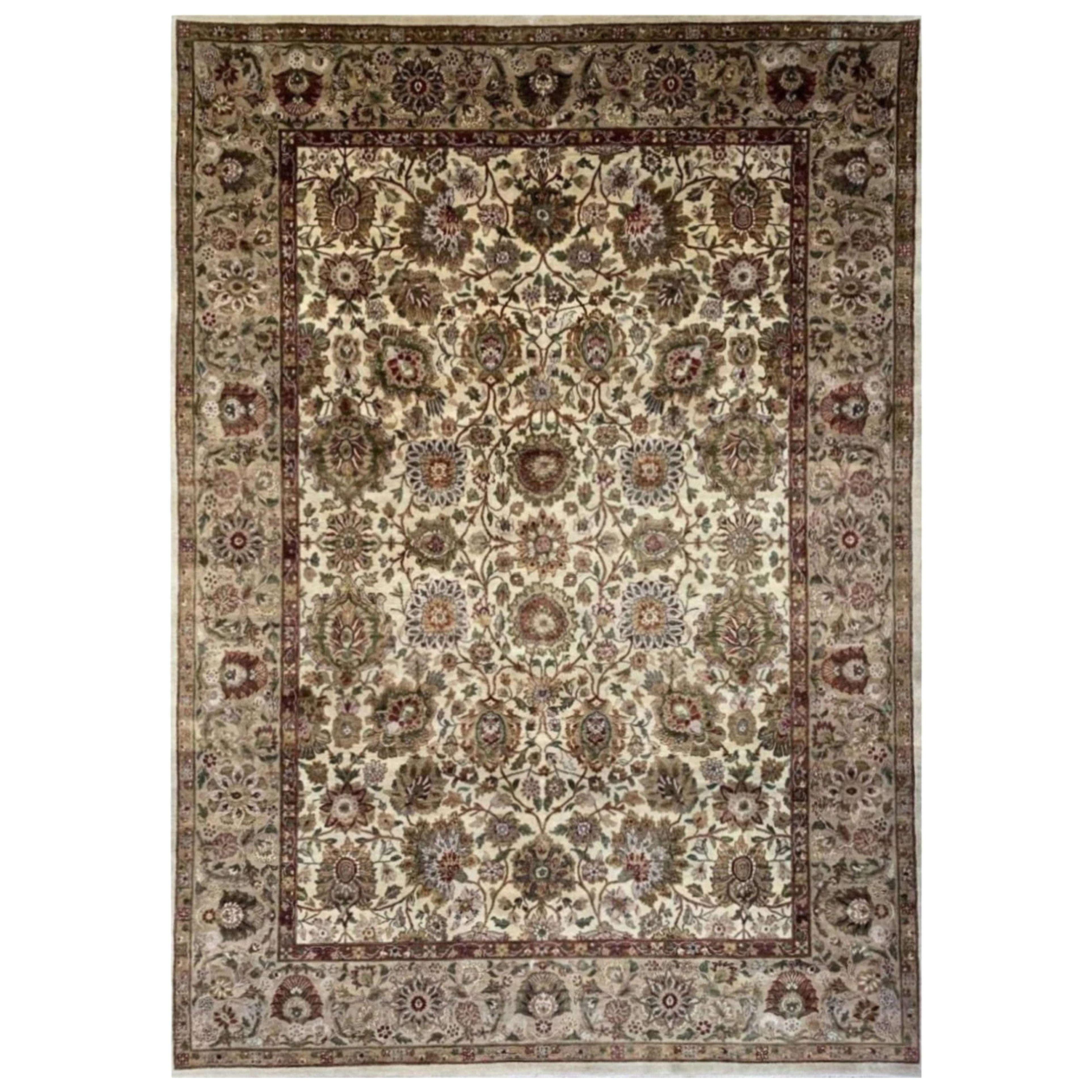 10x14 Handwoven Indian Agra Wool Area Rug – Beige Floral Traditional Carpet
