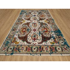10'x14' Ivory Hand Knotted Colorful Polonaise Broken Design Wool and Silk Rug