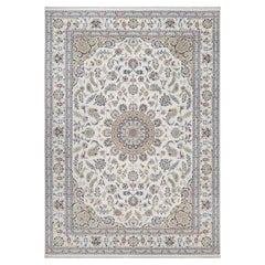 10'x14' handgeknüpfter Nain-Teppich in Elfenbeinfarbe mit Medaillonmuster aus Wolle und Seide, 250 KPSI
