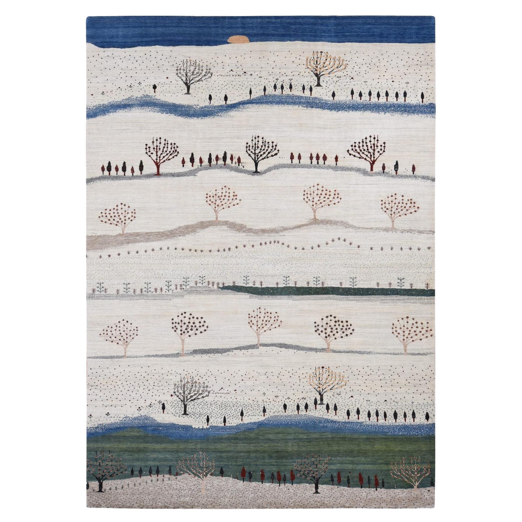 10'x14' Elfenbeinfarbener handgeknüpfter Teppich aus reiner Wolle mit persischer Volkskunst Gabbeh