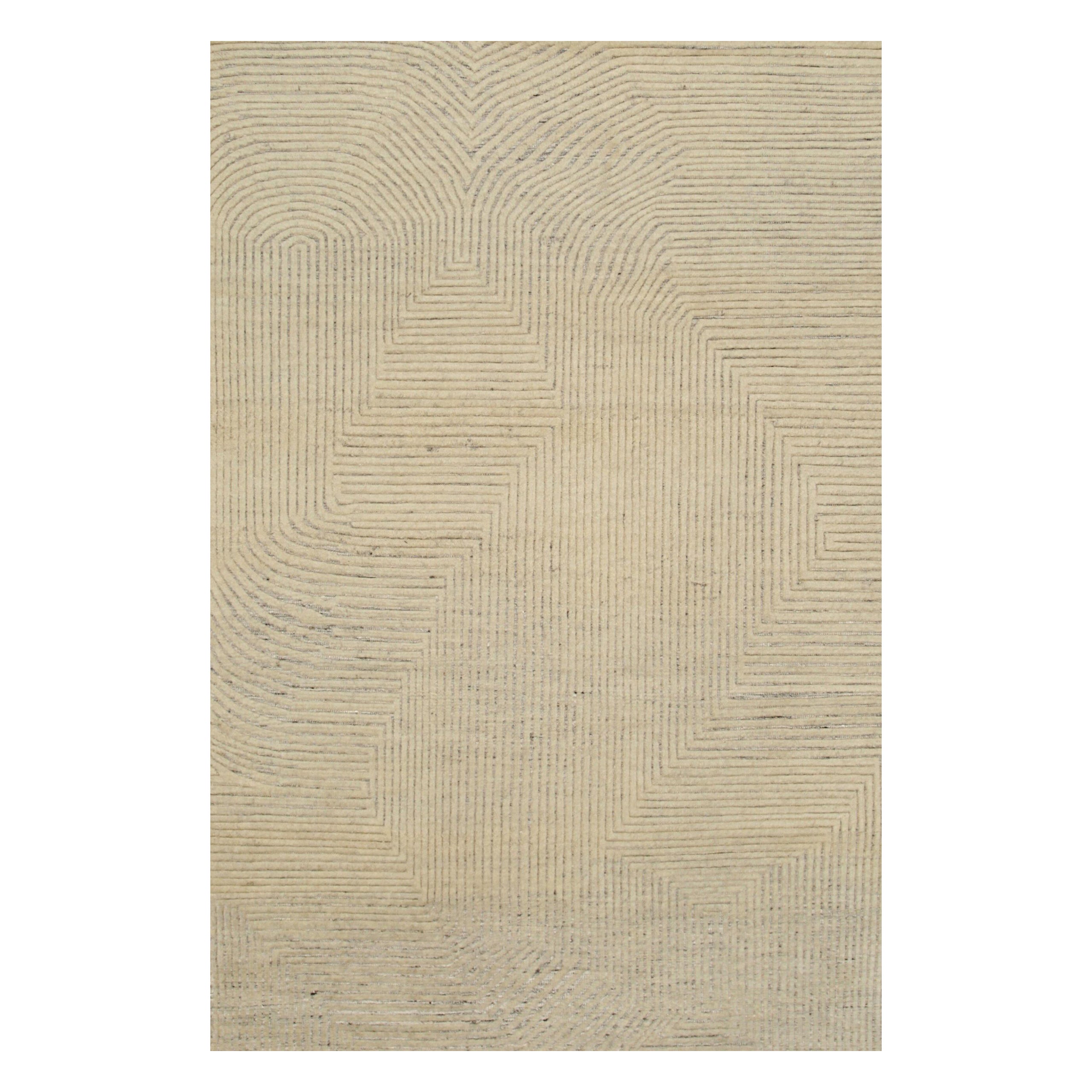 10x14 Ivory Hand-Knotted Wool Linear Maze Geometric Modern Carpet Rug