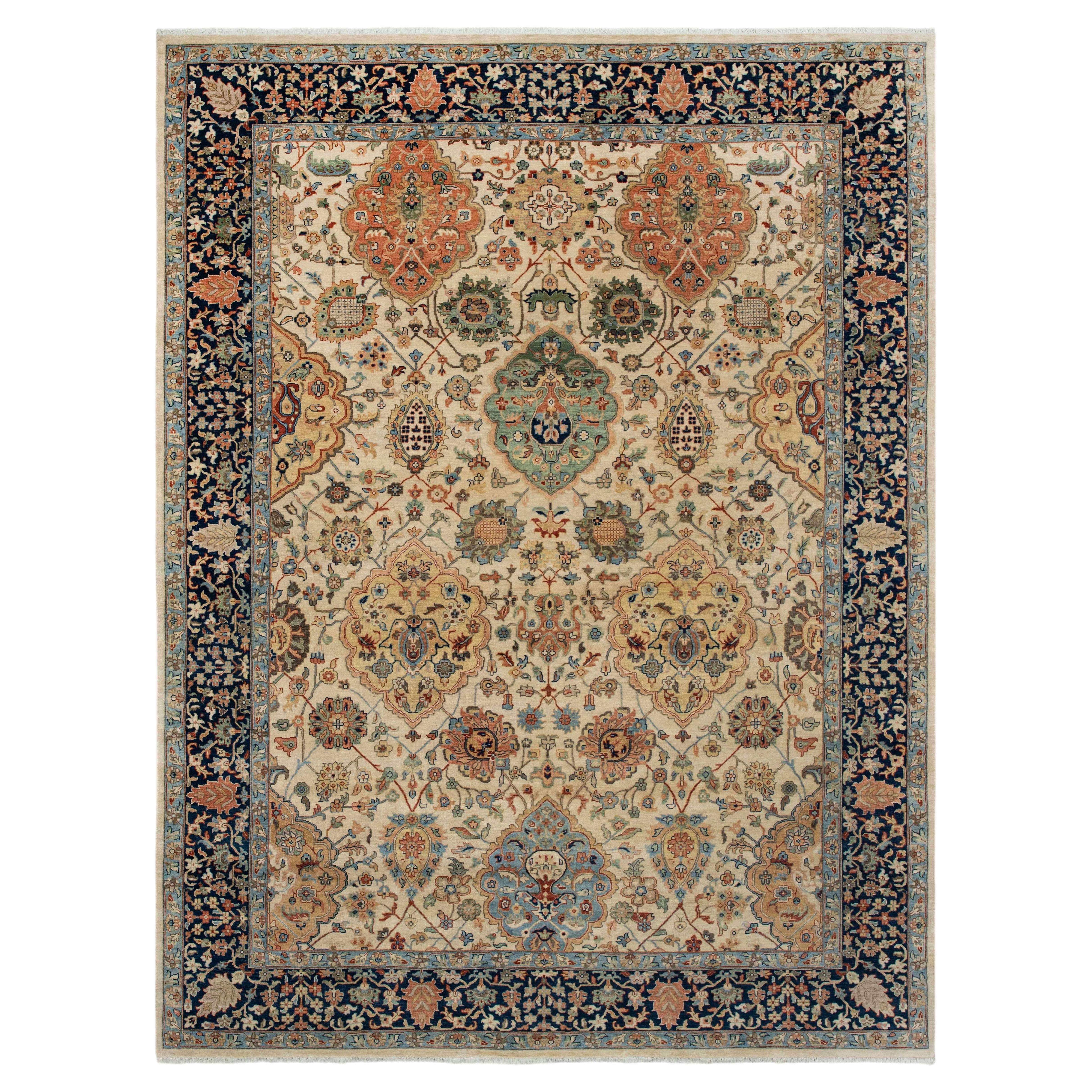 10x14 Ivory Navy Persian Hand Knotted Wool Rug ( G-13221 )