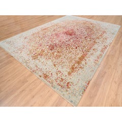 10'x14' Ivory Persian Erased Design Wool and Pure Silk Hand Knotted Rug
