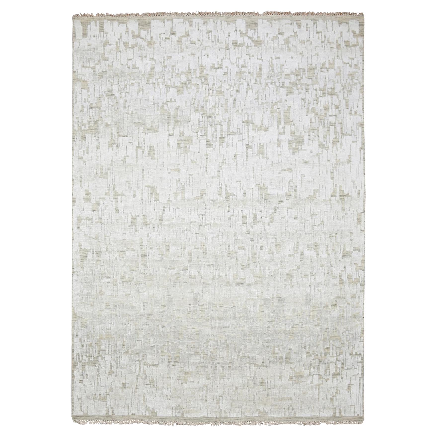 10'x14' Ivory Pure Silk Textured Tone on Tone Modern Hand Knotted Oriental Rug