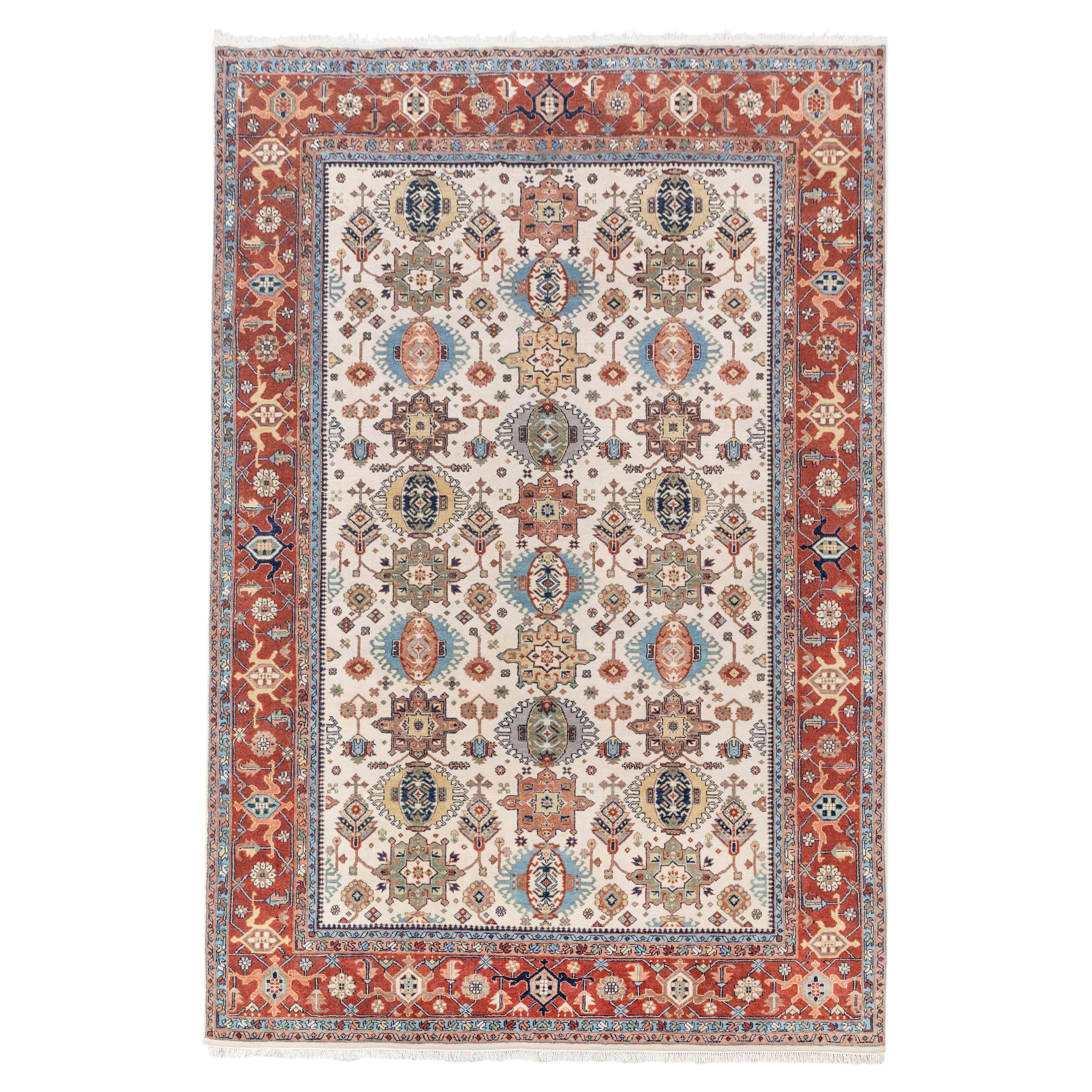 10x14 Elfenbeinrot Floral Persisch Handgeknüpfter Wollteppich (7296)