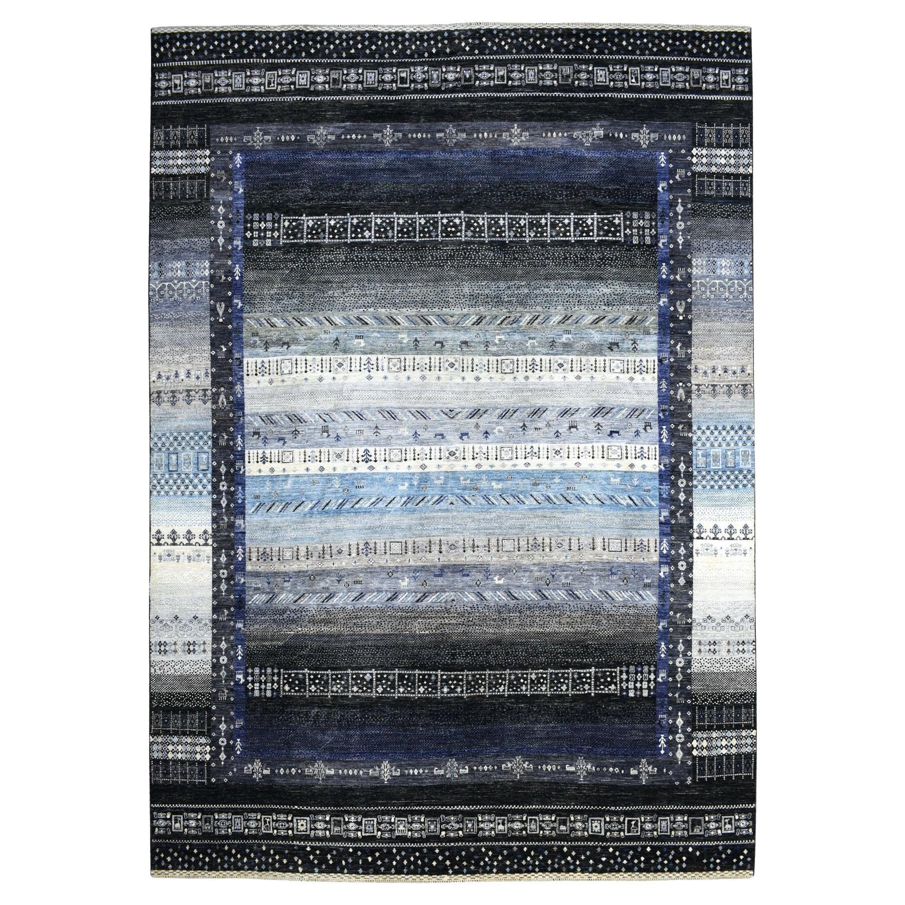 10'x14' Kashkuli Gabbeh Weicher vibrierender Wolle Handgeknüpft Schwarzer Orientteppich im Angebot