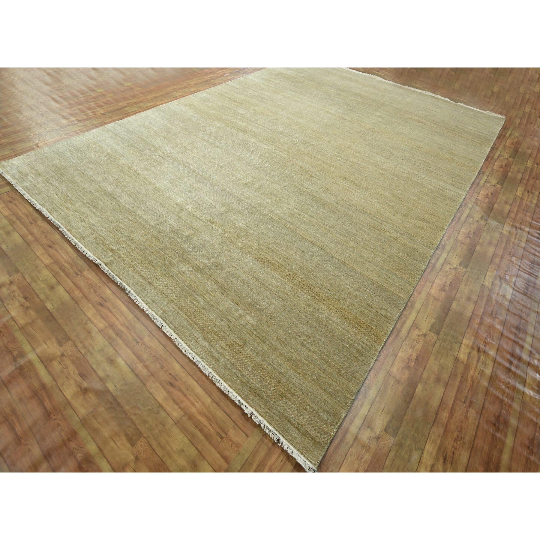 10'x14' Khaki Brown Modern Grass Design Handgeknüpft Wolle & Seide Orientteppich (Mittelalterlich) im Angebot