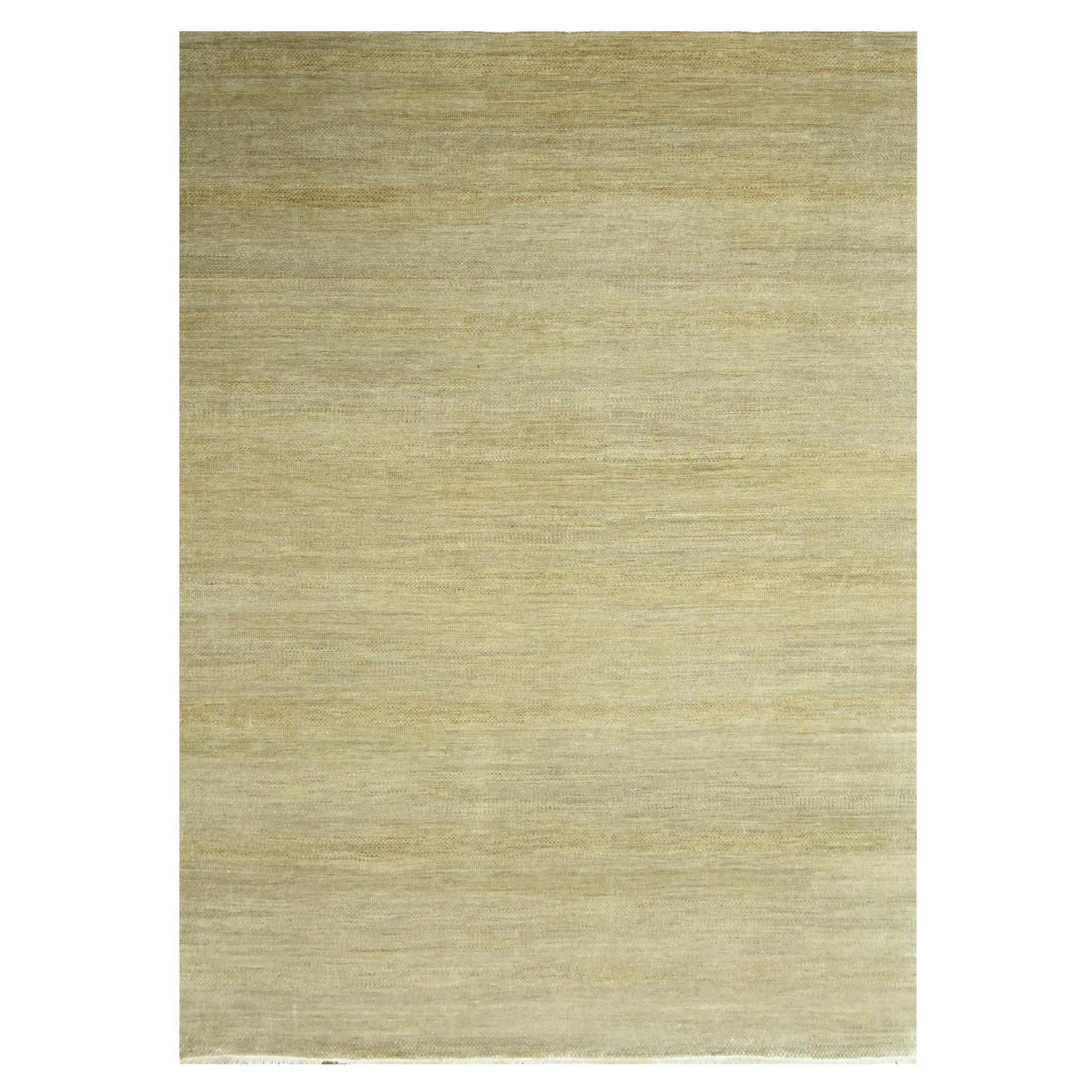 Alfombra Oriental de Lana y Seda Anudada a Mano con Diseño Moderno de Hierba Marrón Caqui de 10'x14'