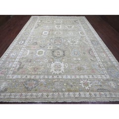 10'x14' Laurel Green Afghan Angora Oushak Leaf Design Hand Knotted Wool Rug