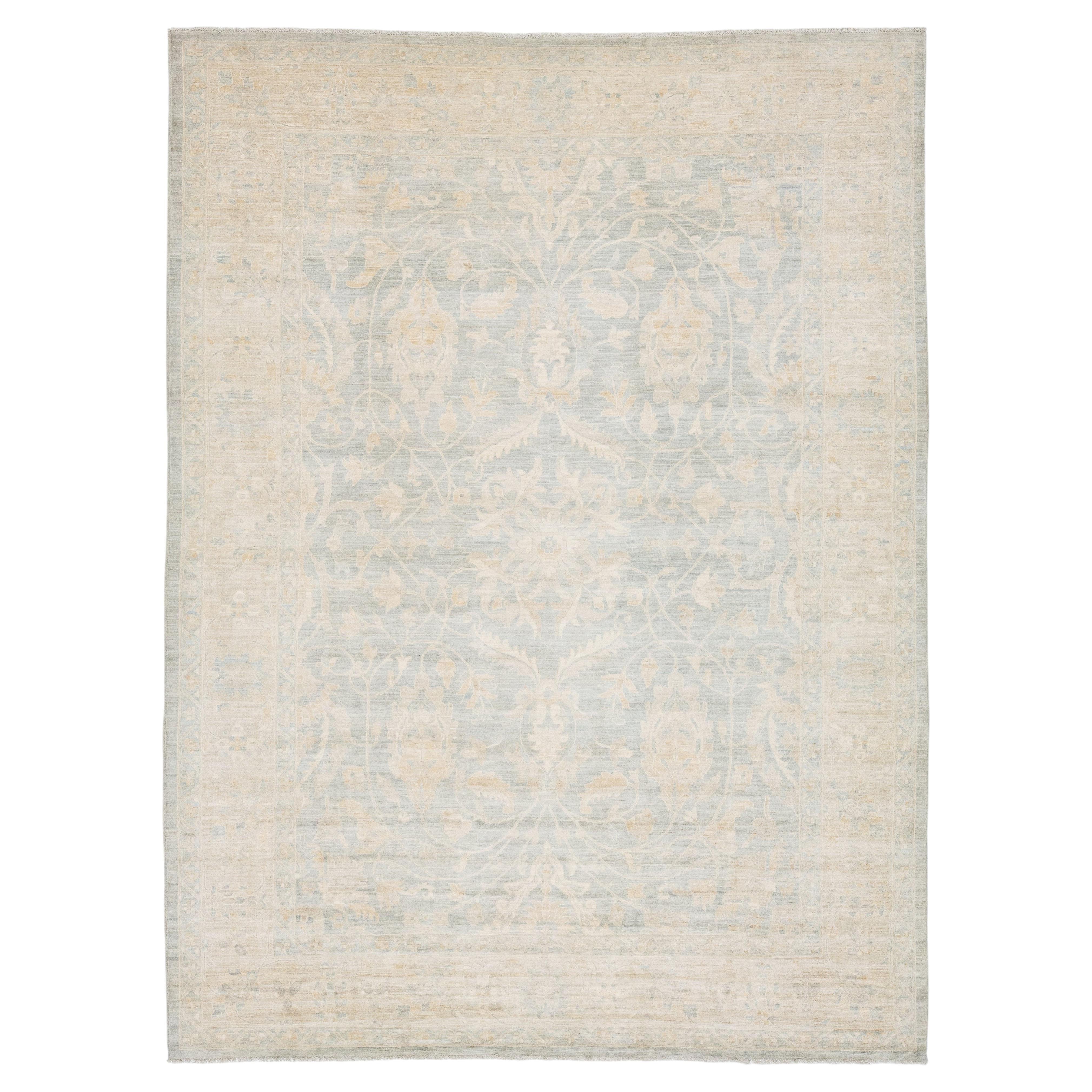 10x14 Modern Hand-Knotted Oushak Style Wool Rug in Muted Ice Blue & Champagne For Sale