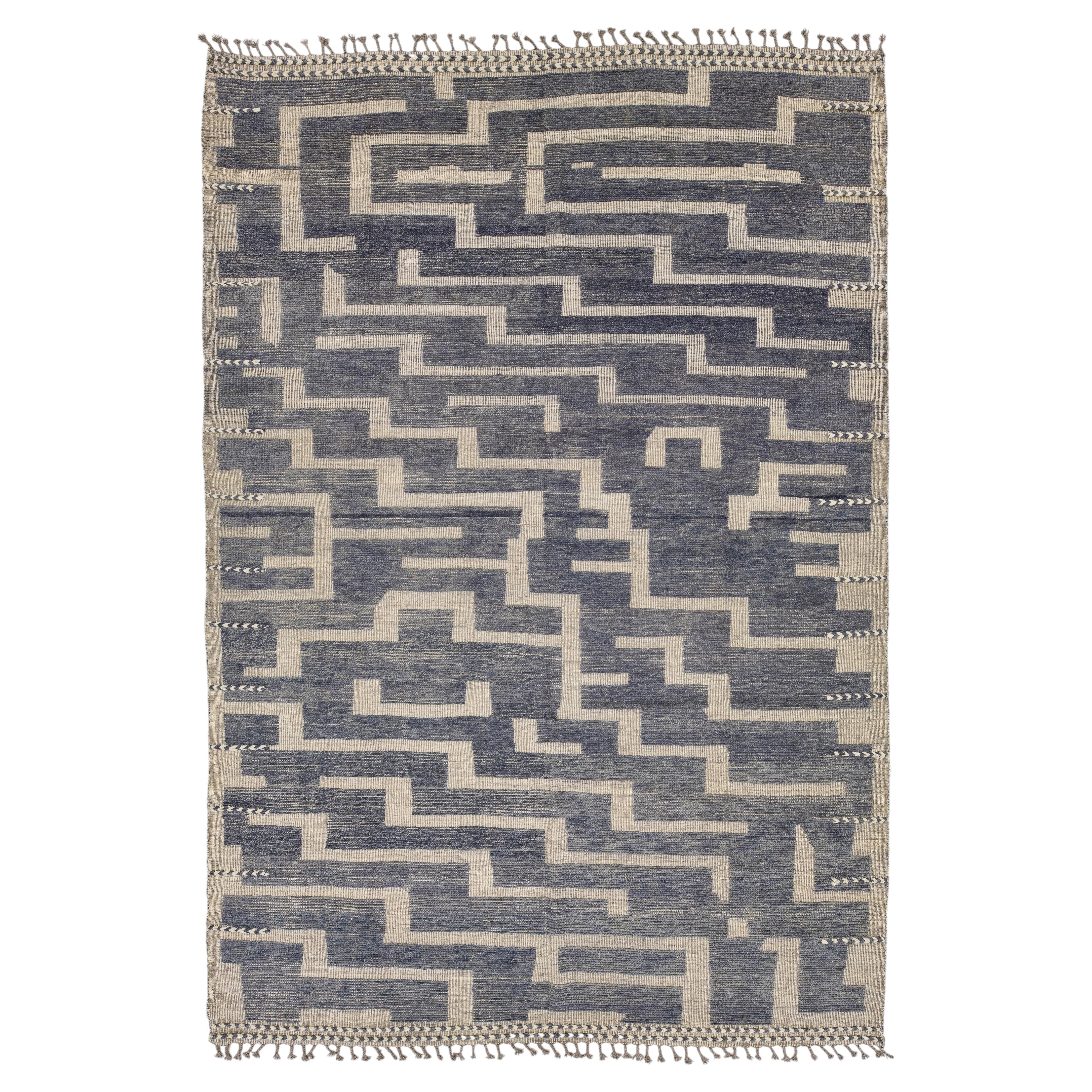 10x14 Modern Maze Blue & Cream Moroccan Geometric Handmade Wool Rug For Sale