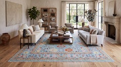 10x14 Modern Oushak Style Hand-Knotted Wool Area Rug in Sky Blue with Terracotta