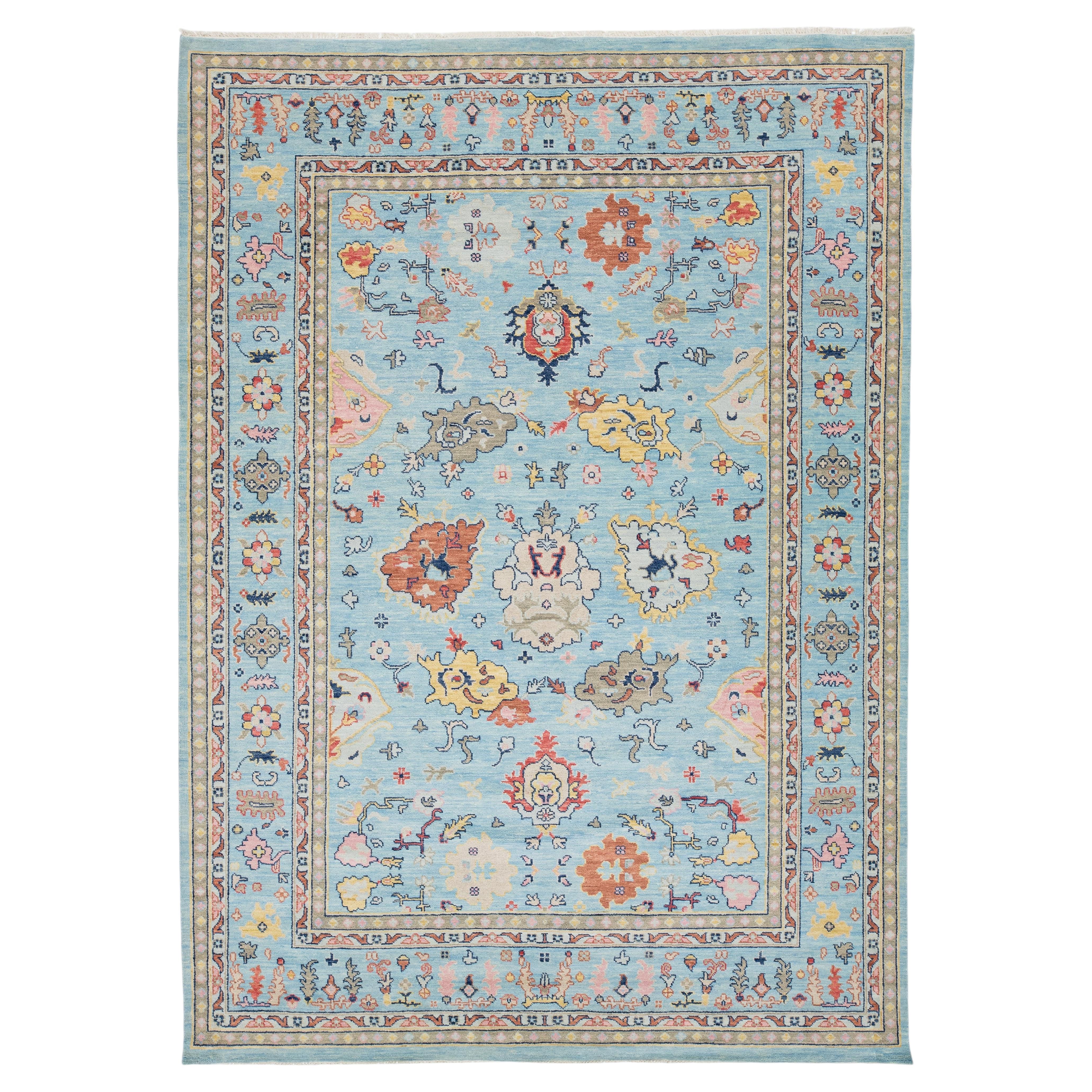 10x14 Modern Oushak Style Hand-Knotted Wool Area Rug in Sky Blue with Terracotta
