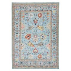 10x14 Modern Oushak Style Hand-Knotted Wool Area Rug in Sky Blue with Terracotta