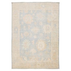 10x14 Modern Oushak Style Hand-Knotted Wool Area Rug – Soft Sage & Muted Blue