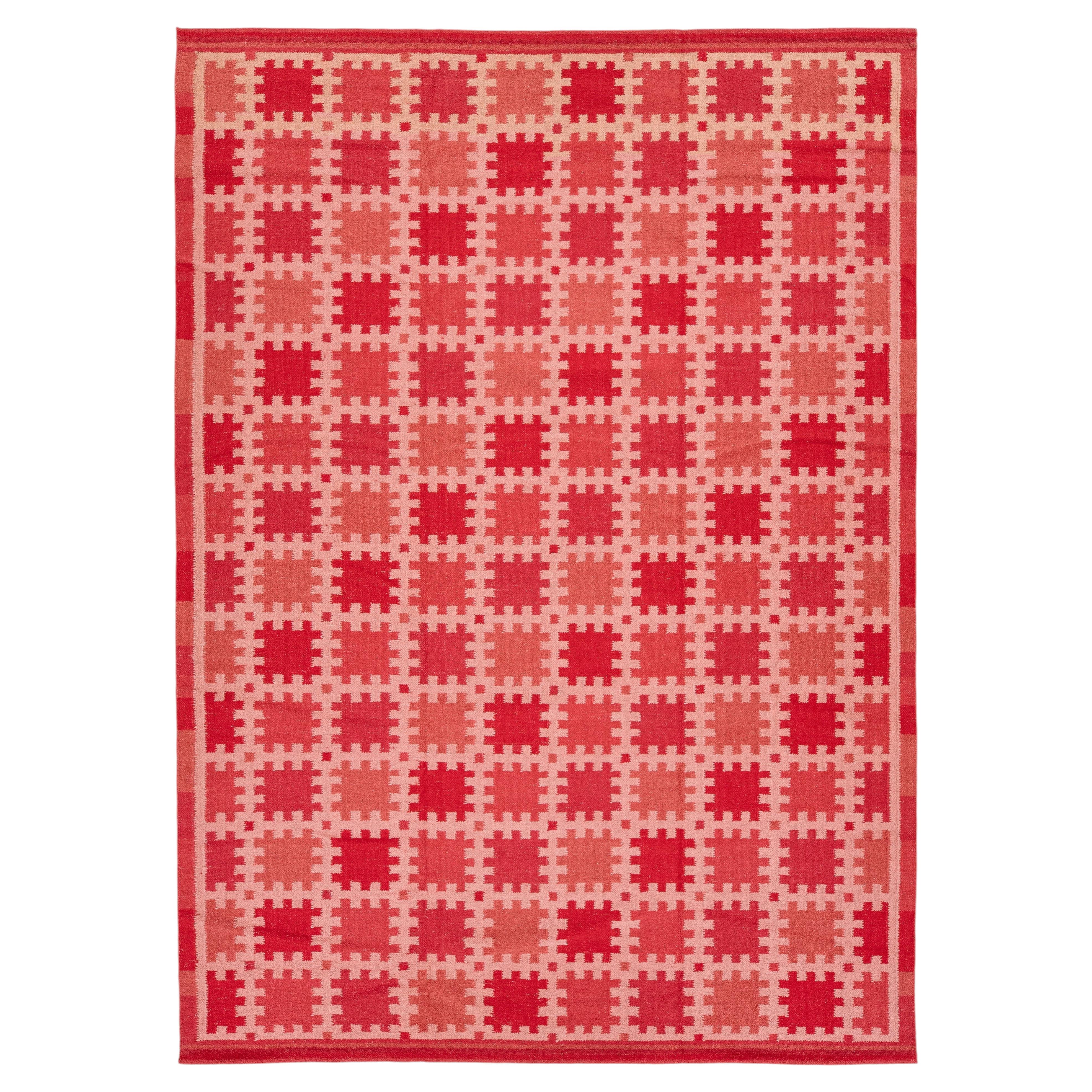 10x14 Modern Swedish-Style Flatweave Wool Rug – Terracotta & Crimson Geometric